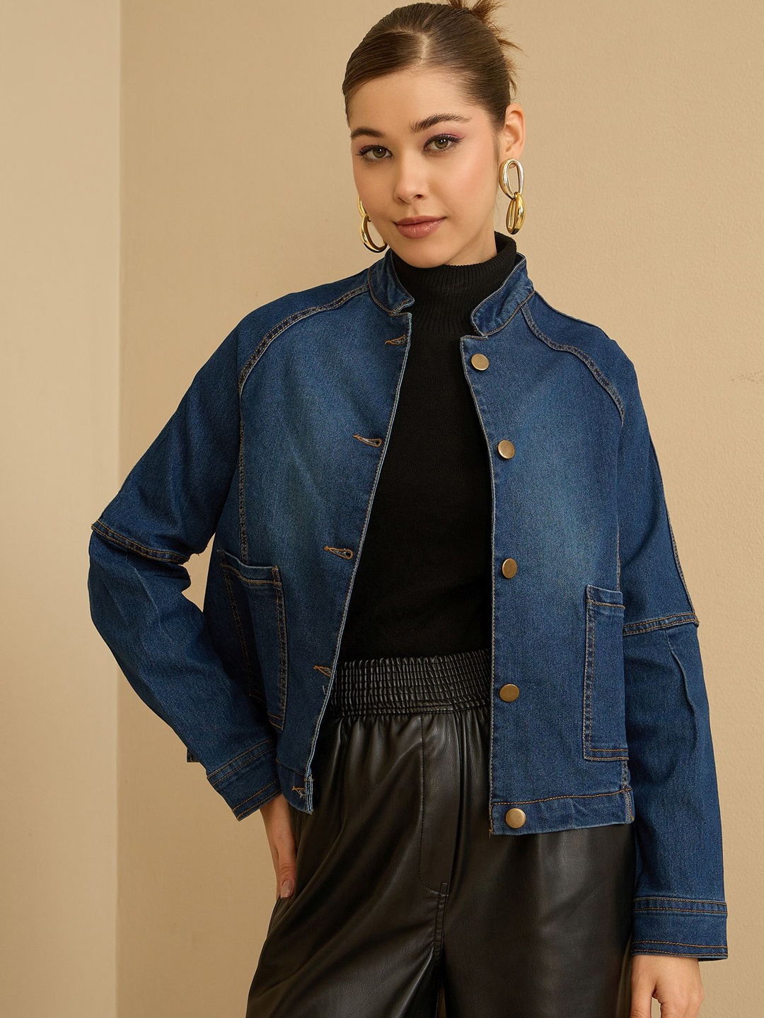 

Antheaa Women Mandarin Collar Washed Solid Casual Denim Jacket, Blue