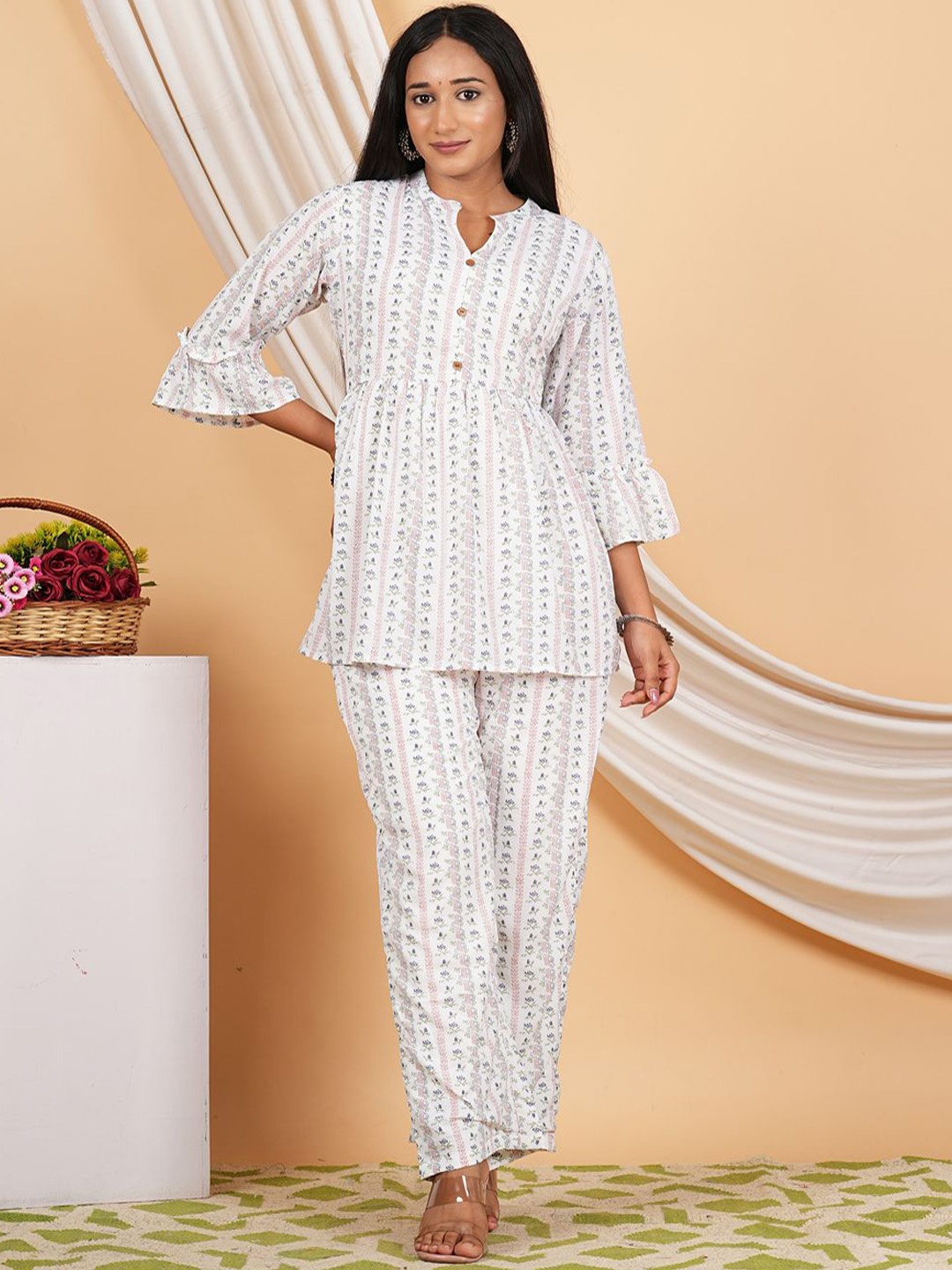 

ZOYOTO Printed Mandarin Collar Tunic With Trouser, Off white