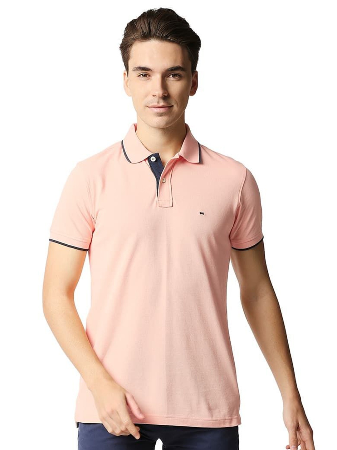 

Basics Men Solid Polo Collar Cotton T-shirt, Peach