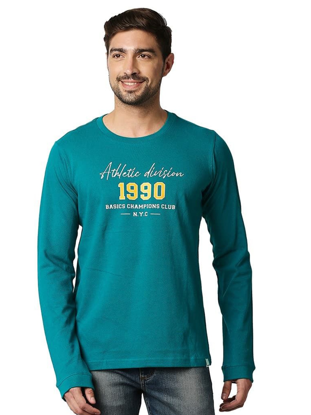 

Basics Men Typography Printed Round Neck Cotton T-shirt, Green