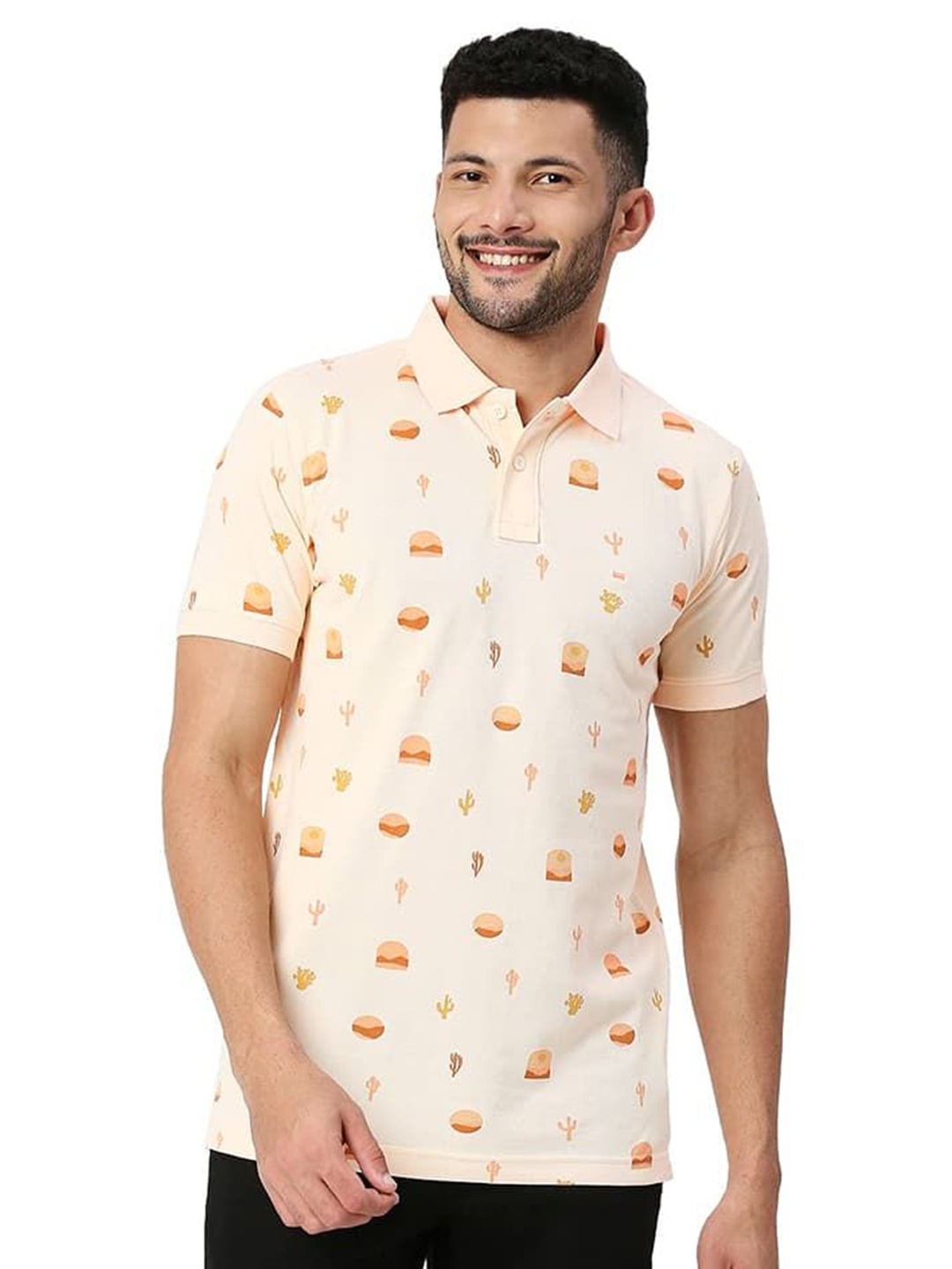 

Basics Men Conversational Printed Polo Collar Cotton T-shirt, Peach