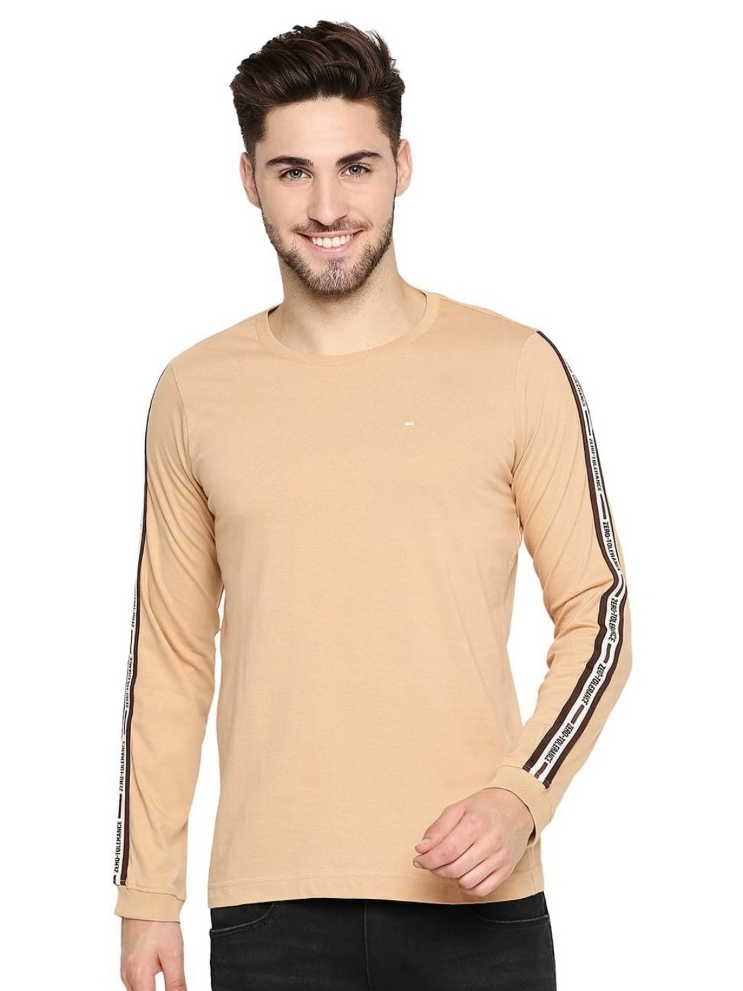 

Basics Men Striped Round Neck Cotton T-shirt, Beige