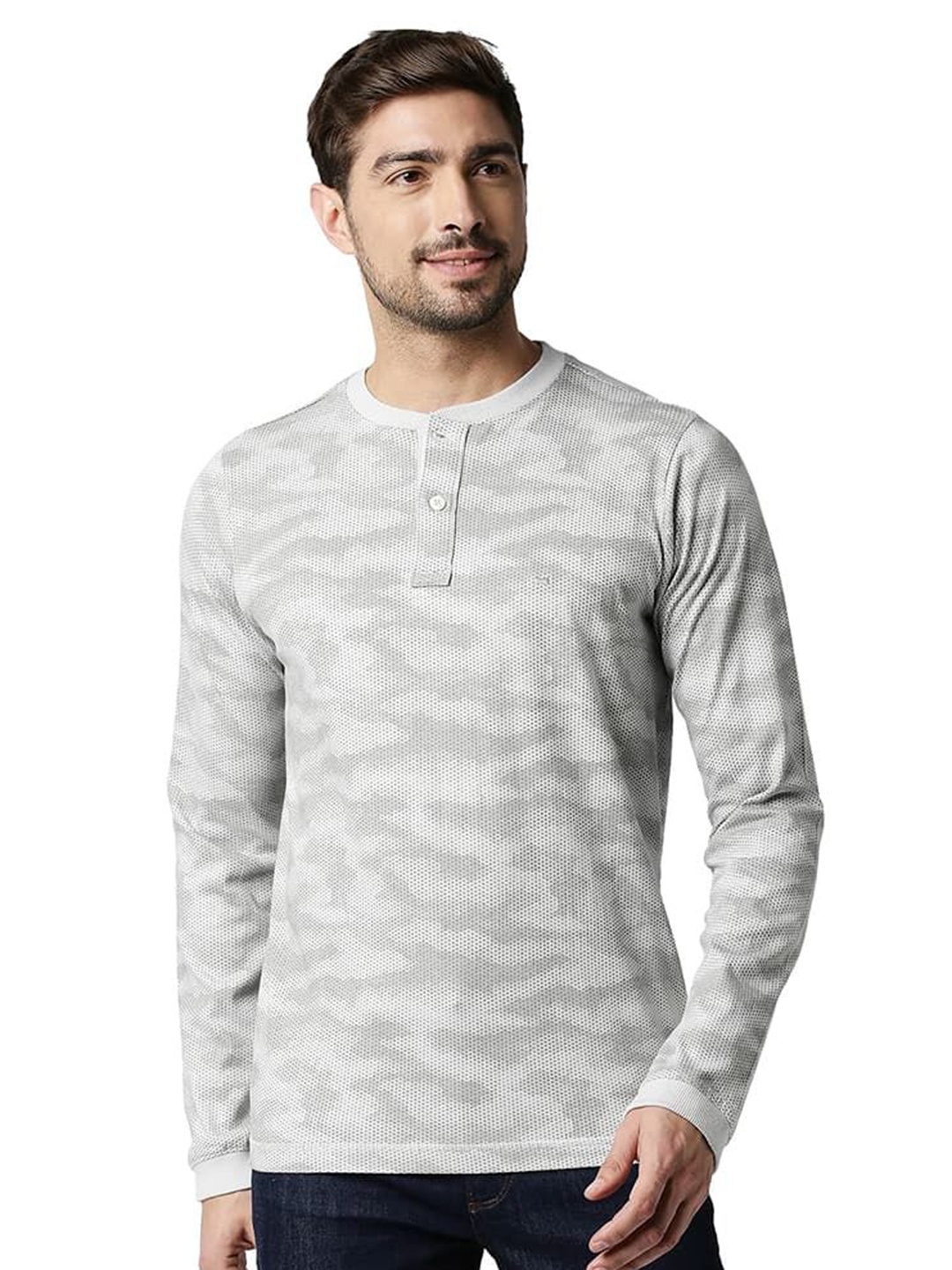 

Basics Men Camouflage Printed Henley Neck Cotton T-shirt, Grey