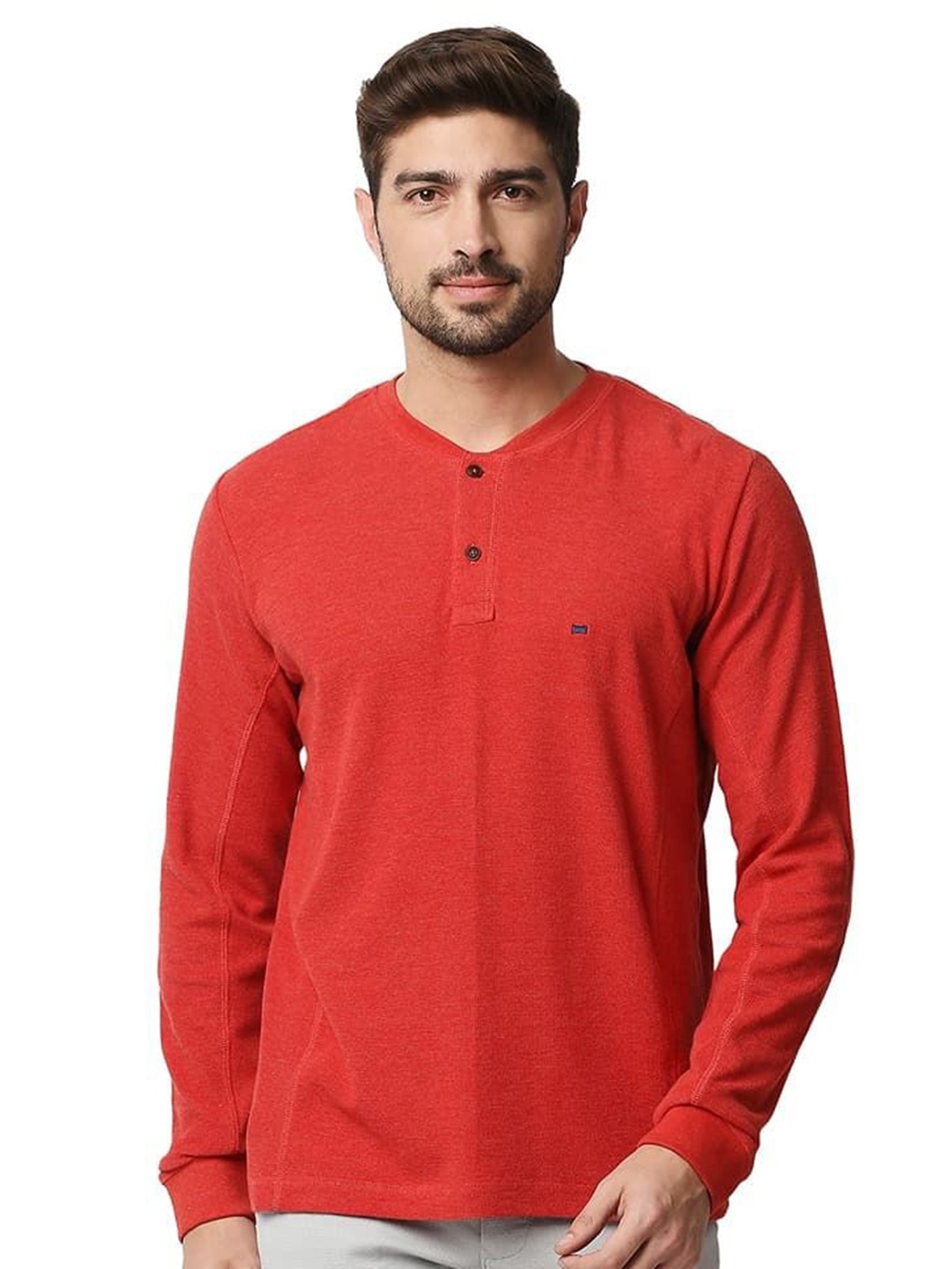 

Basics Men Solid Henley Neck Cotton T-shirt, Red