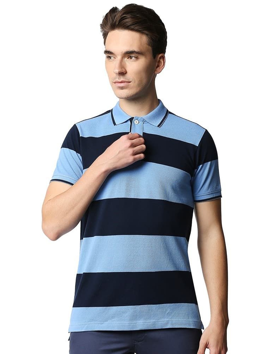 

Basics Men Striped Polo Collar Cotton T-shirt, Blue