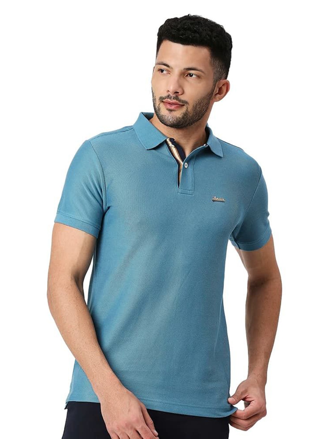 

Basics Men Solid Polo Collar Cotton T-shirt, Blue