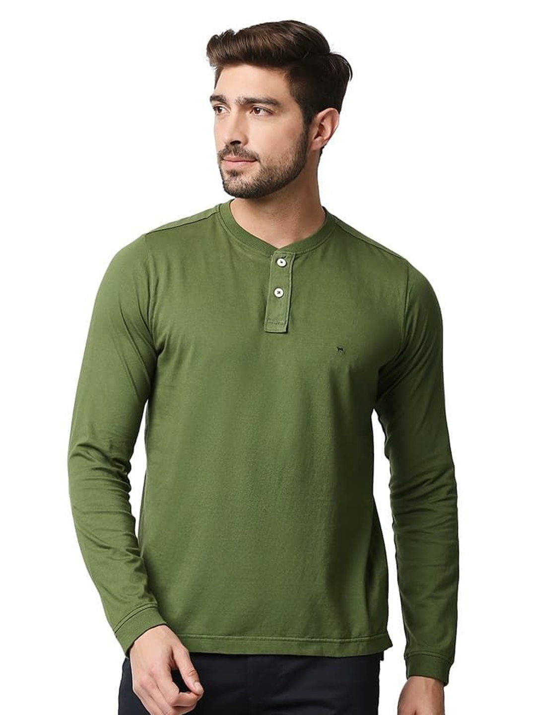 

Basics Men Solid Henley Neck Cotton T-shirt, Green