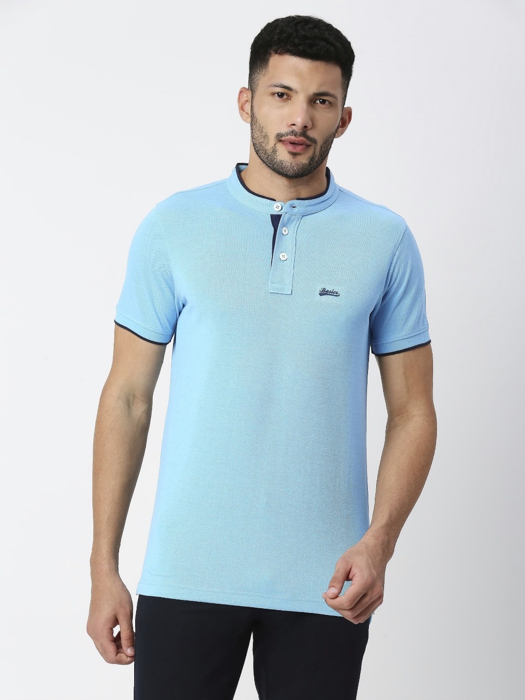 

Basics Men Solid Henley Neck Cotton T-shirt, Turquoise blue