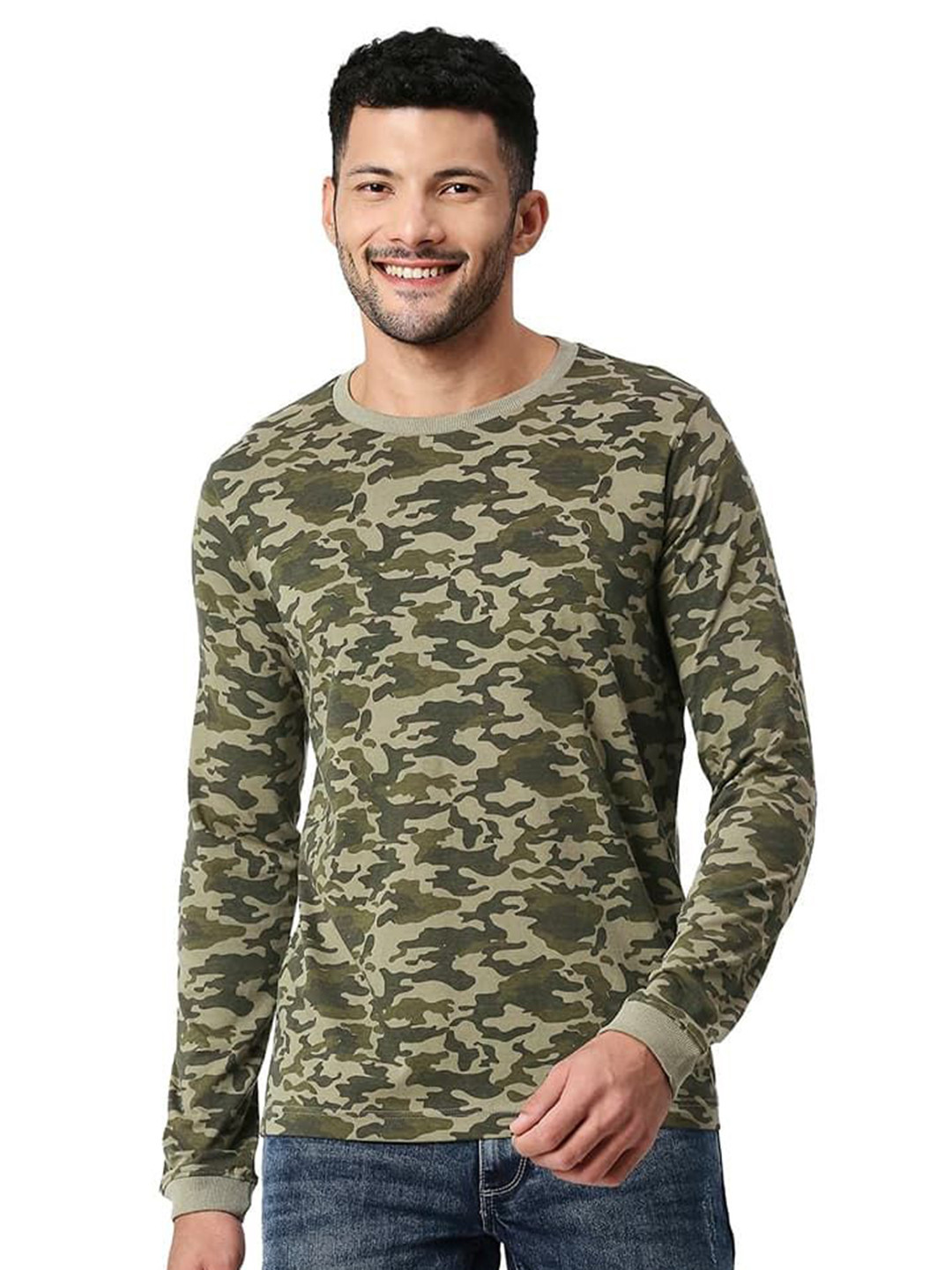 

Basics Men Camouflage Printed Round Neck Cotton T-shirt, Olive