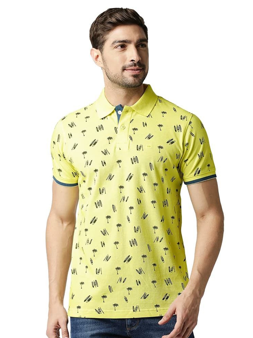 

Basics Men Conversational Printed Polo Collar Cotton T-shirt, Yellow