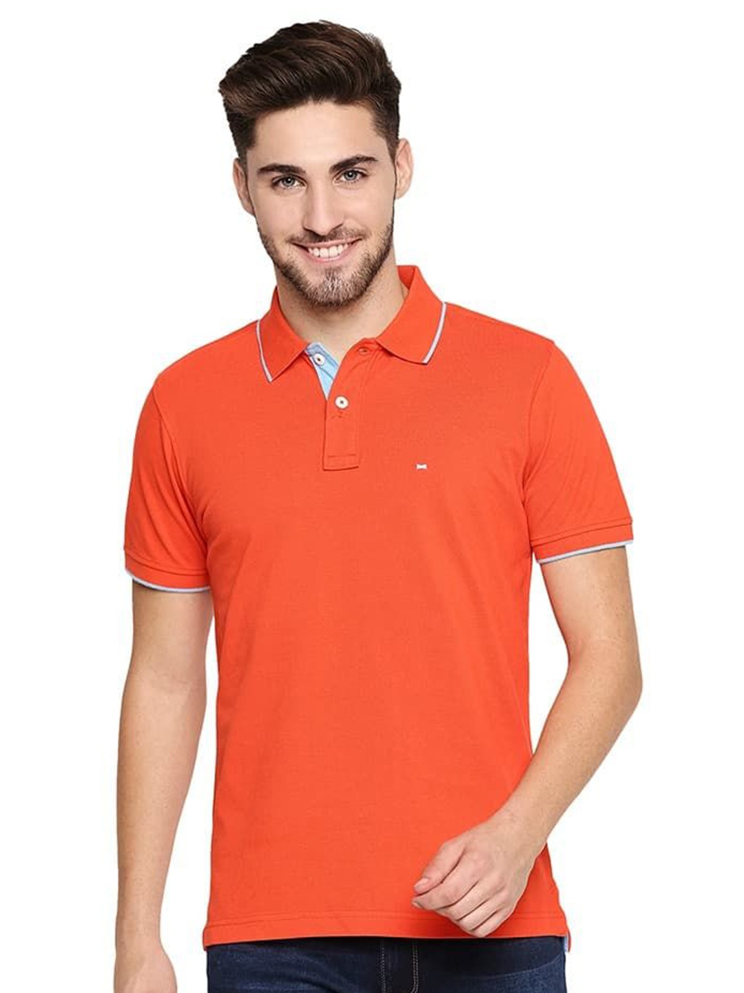 

Basics Men Solid Polo Collar Cotton T-shirt, Orange