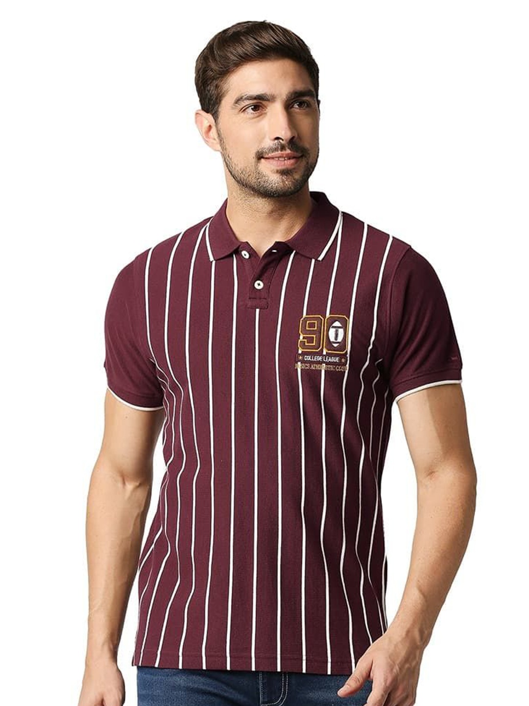 

Basics Men Striped Polo Collar Cotton T-shirt, Burgundy