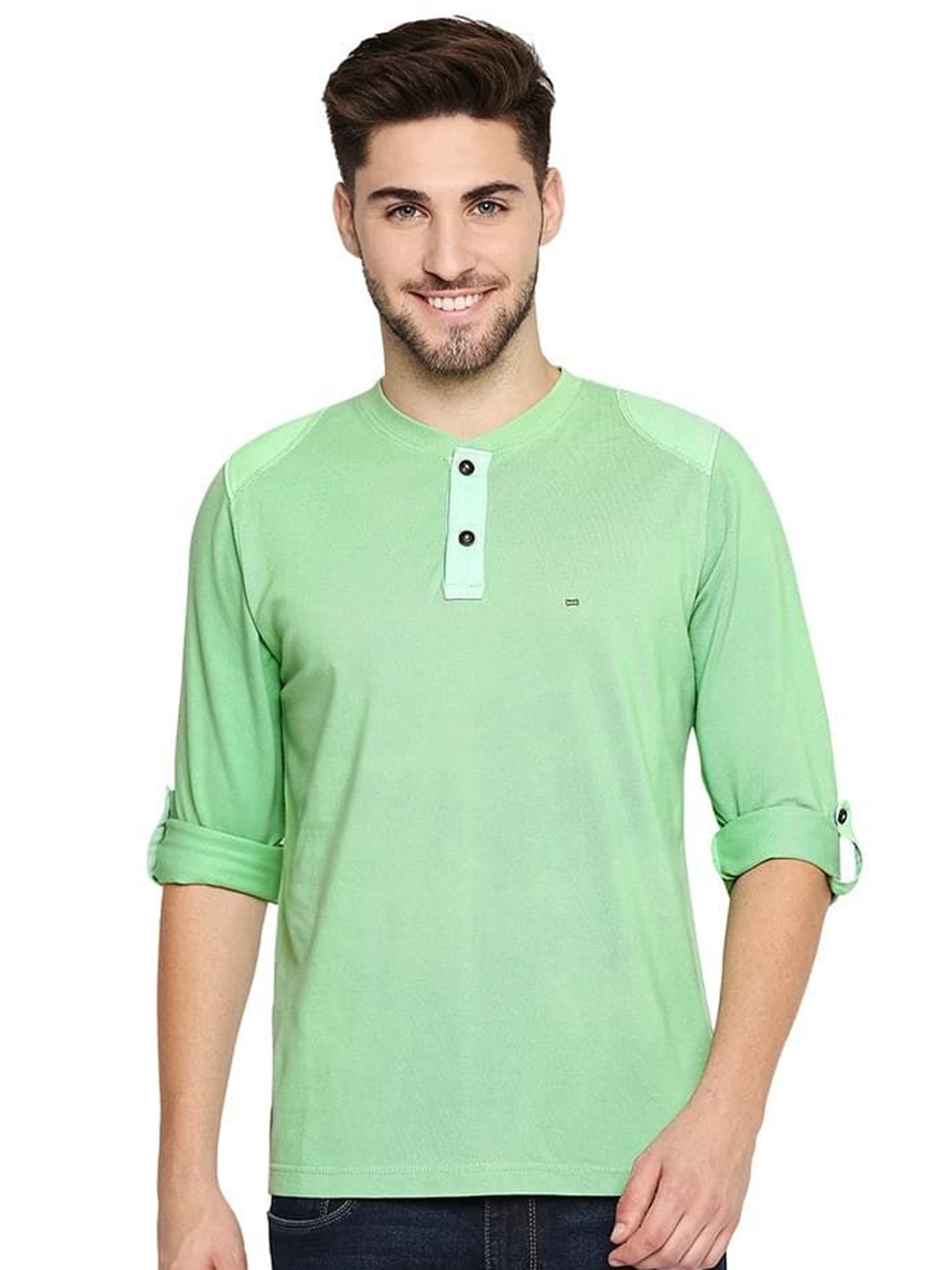 

Basics Men Solid Henley Neck Cotton T-shirt, Green