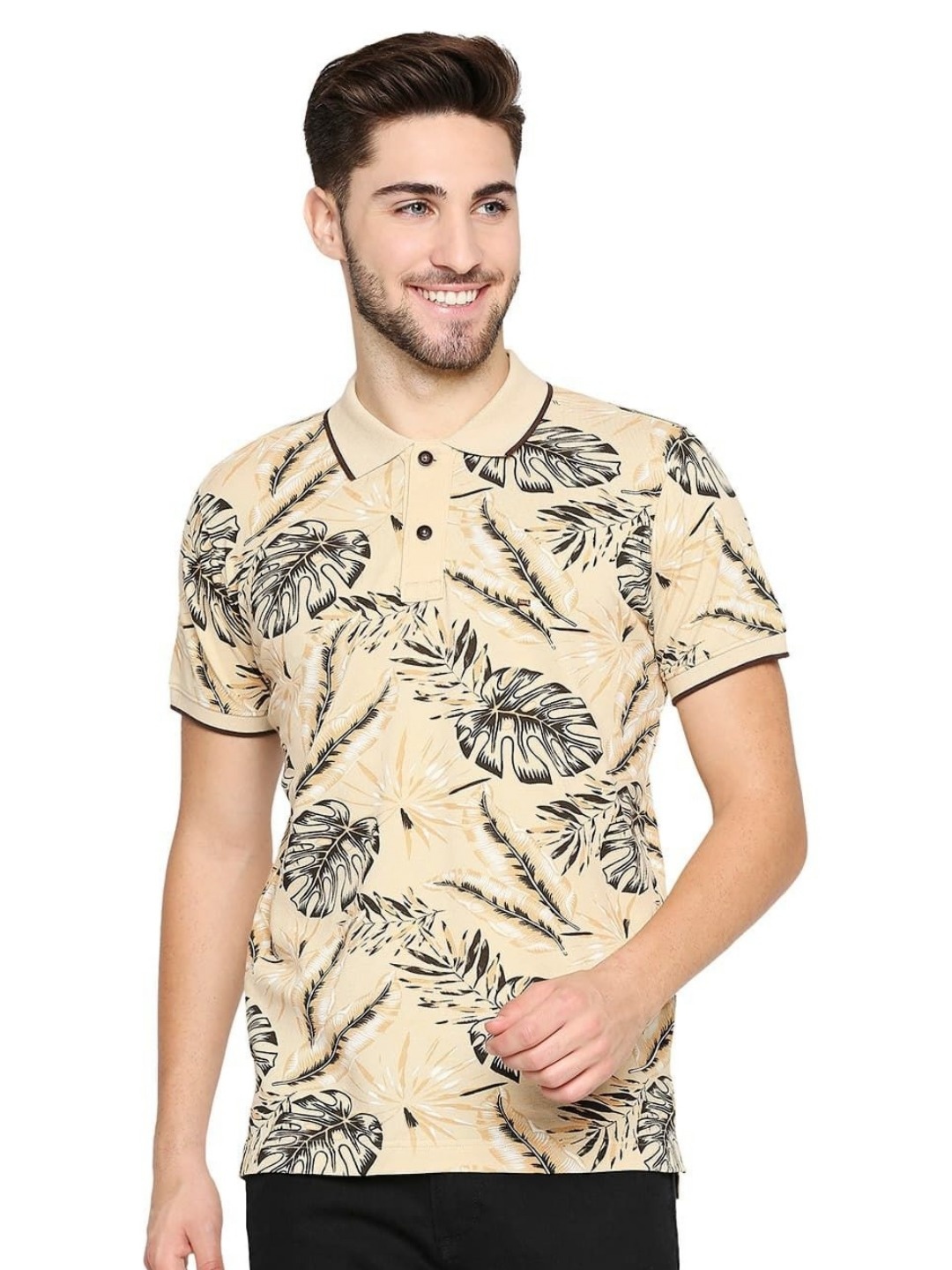 

Basics Men Floral Printed Polo Collar Cotton T-shirt, Beige