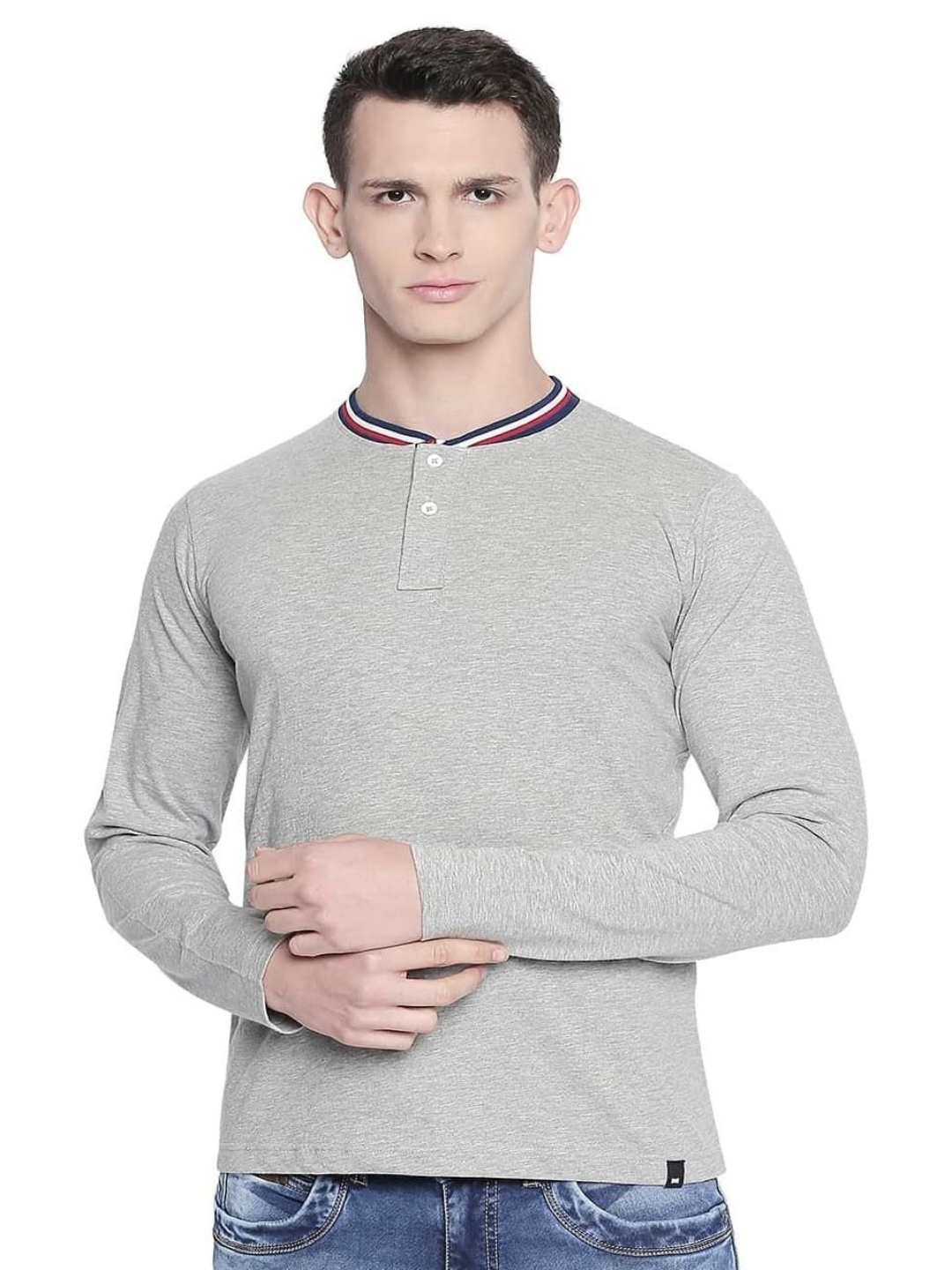 

Basics Men Solid Henley Neck Cotton T-shirt, Grey