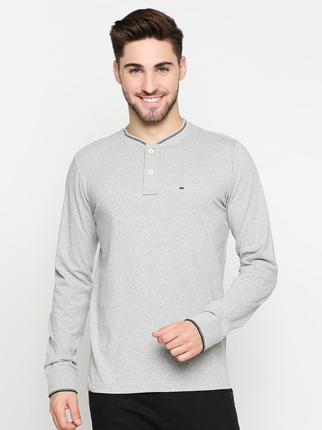 

Basics Men Solid Henley Neck Cotton T-shirt, Grey