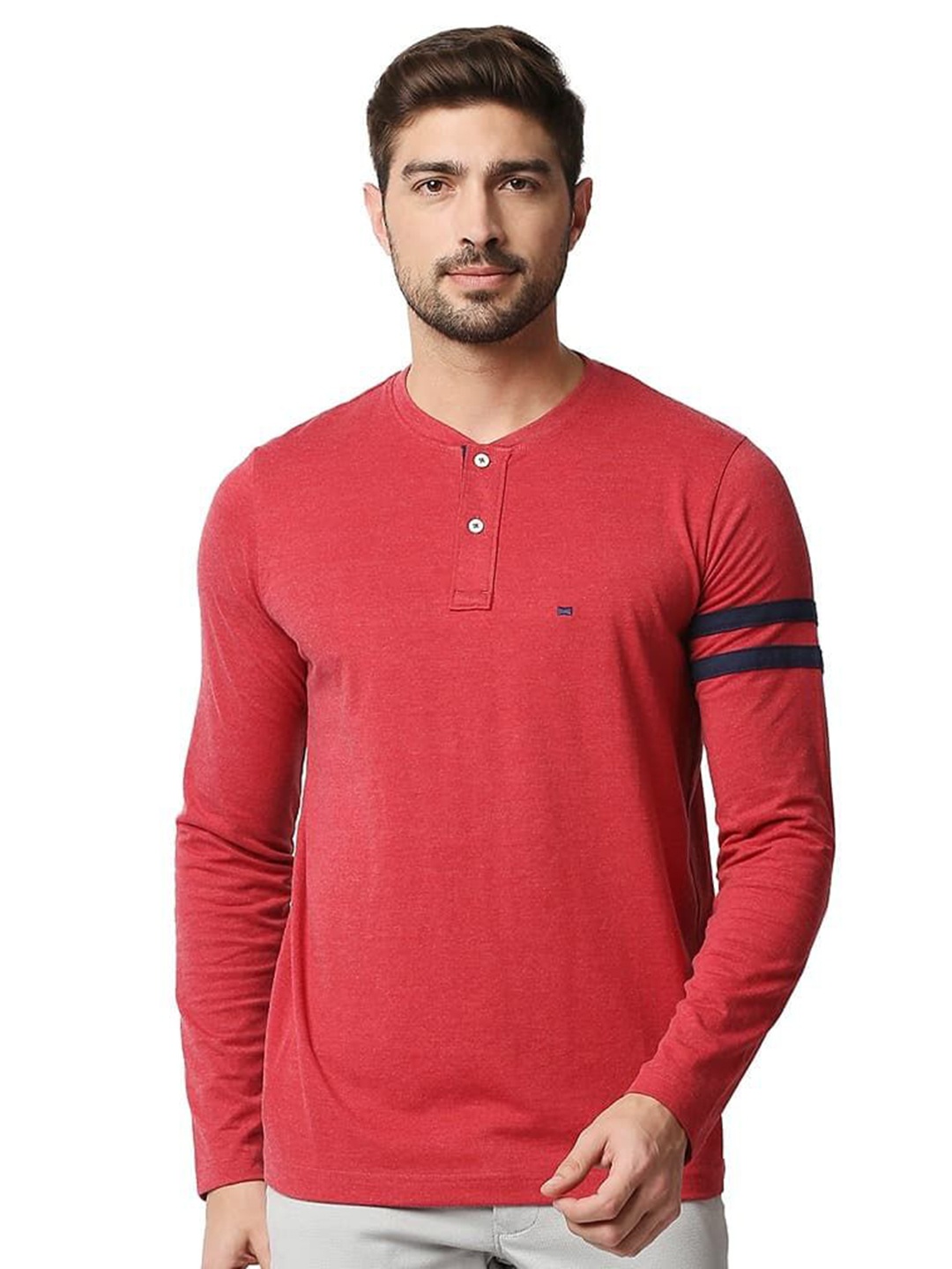 

Basics Men Solid Henley Neck Cotton T-shirt, Red