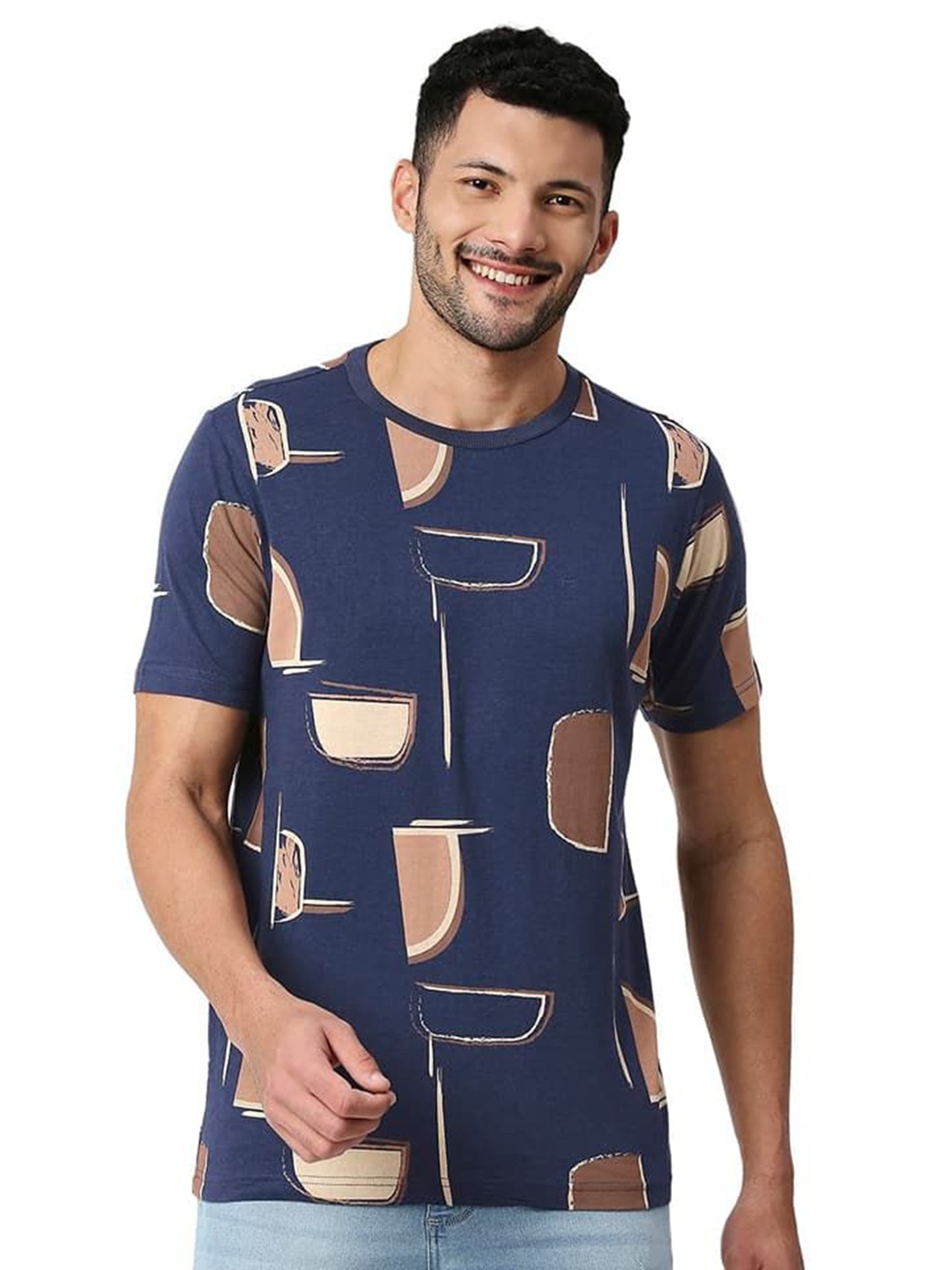 

Basics Men Conversational Printed Round Neck Cotton T-shirt, Navy blue