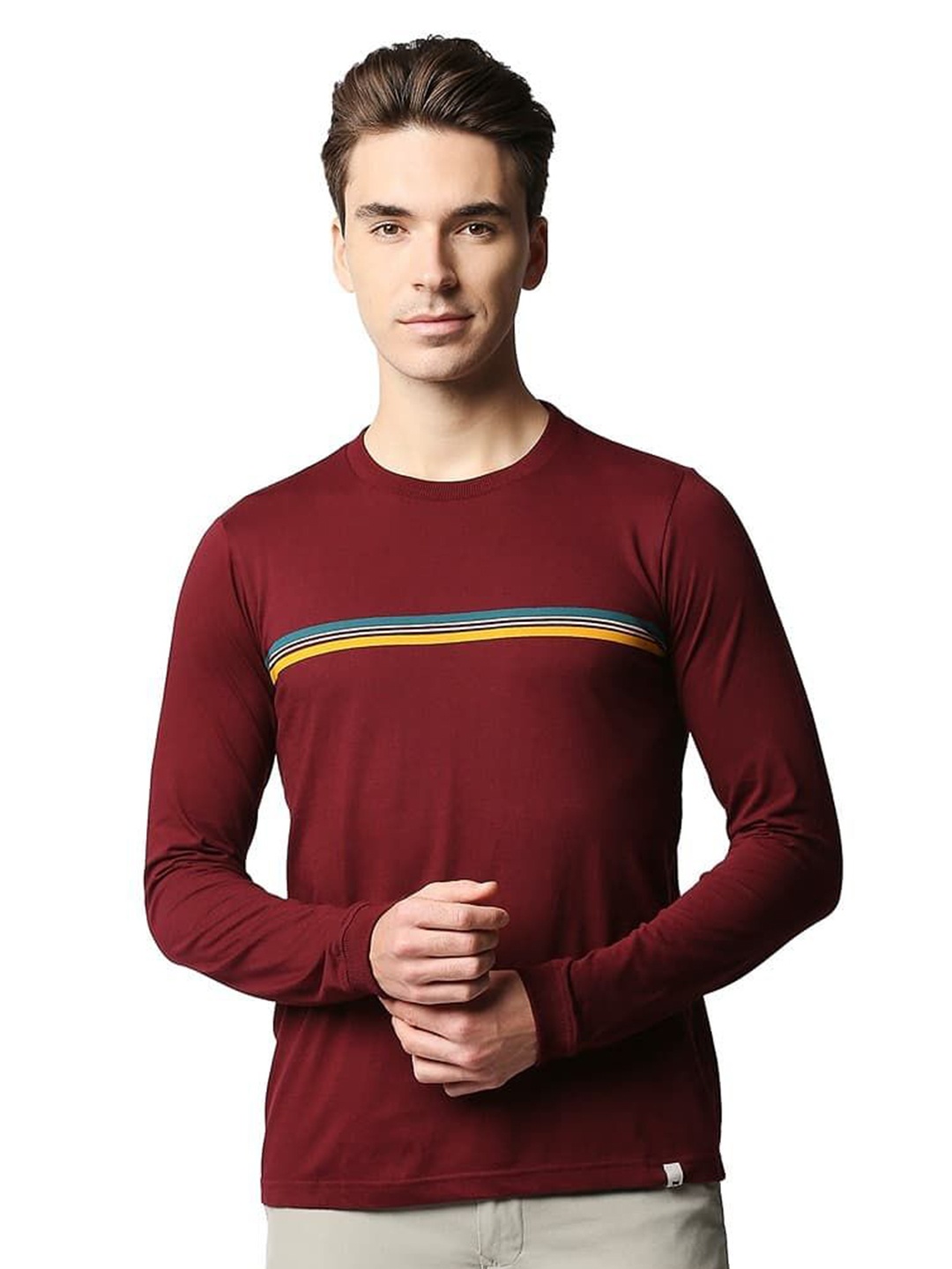 

Basics Men Striped Round Neck Cotton T-shirt, Maroon