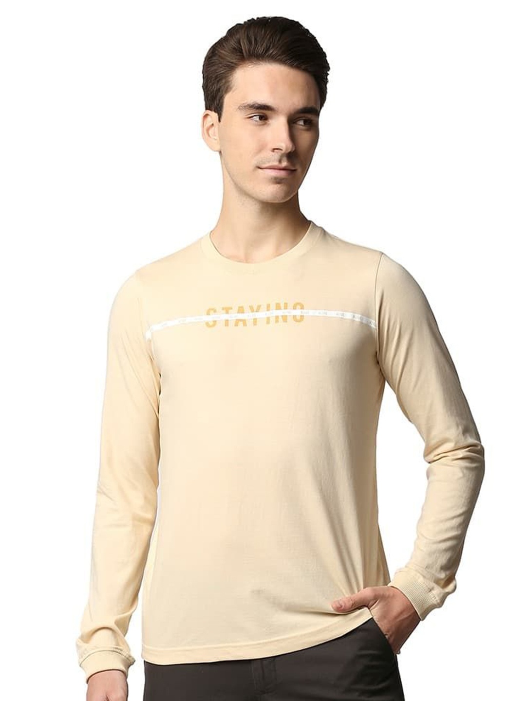 

Basics Men Typography Printed Round Neck Cotton T-shirt, Beige