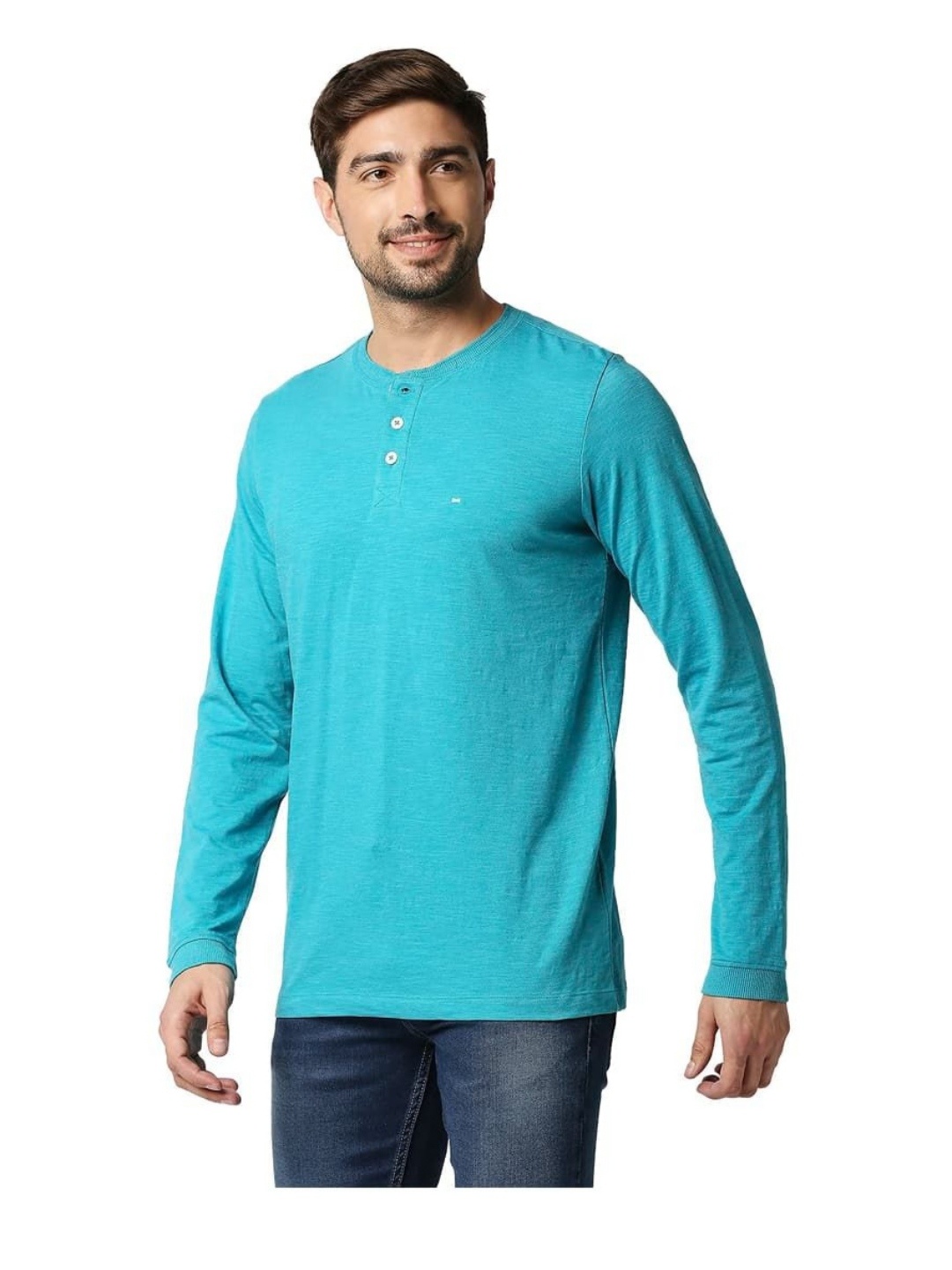

Basics Men Solid Henley Neck Cotton T-shirt, Turquoise blue