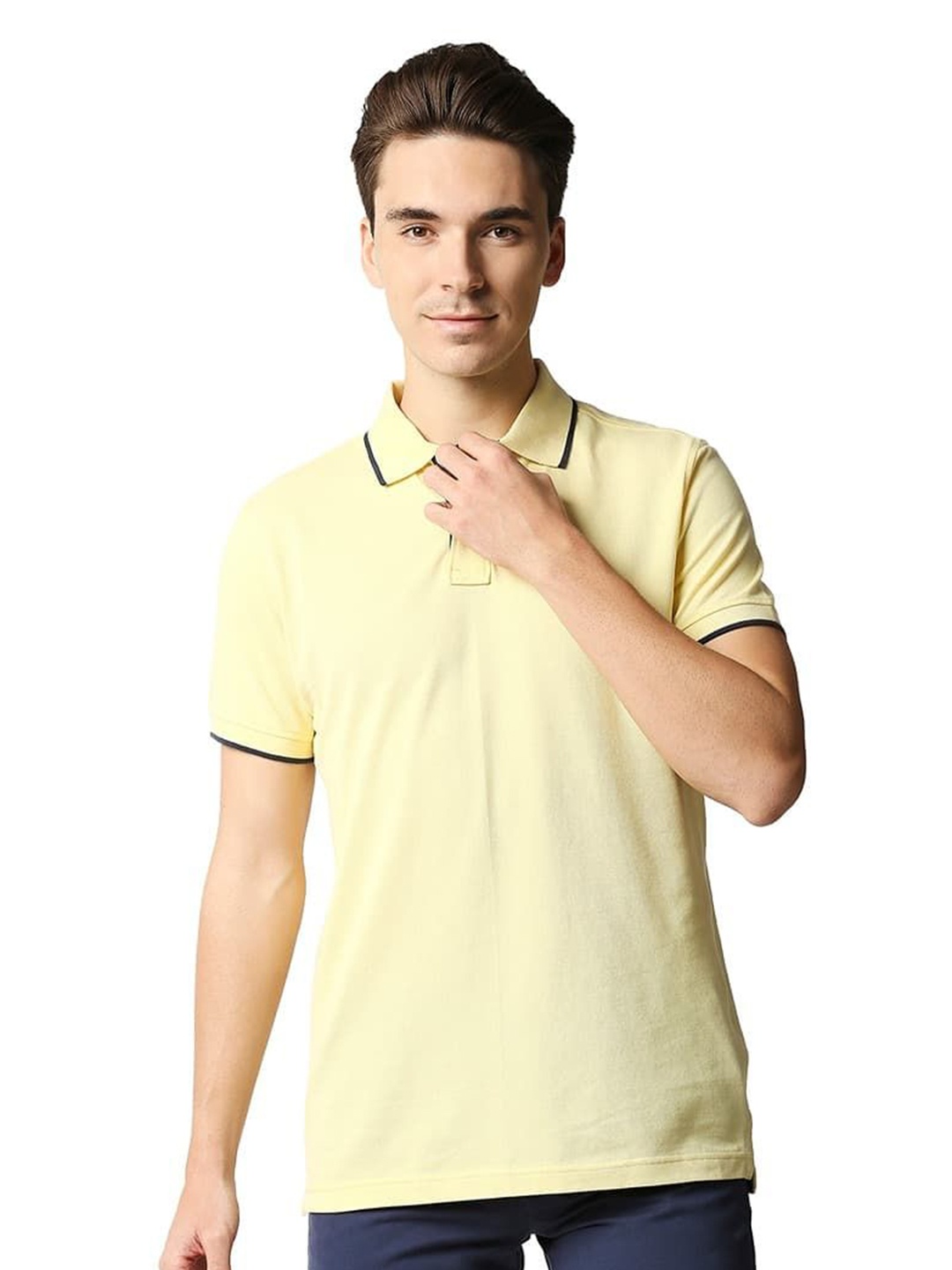 

Basics Men Solid Polo Collar Cotton T-shirt, Yellow