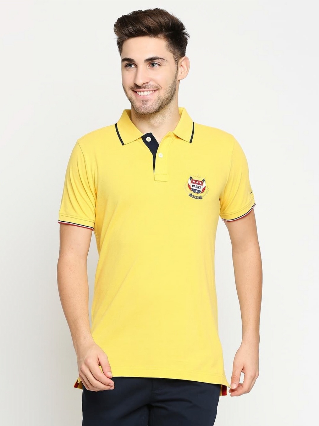 

Basics Men Solid Polo Collar Cotton T-shirt, Yellow