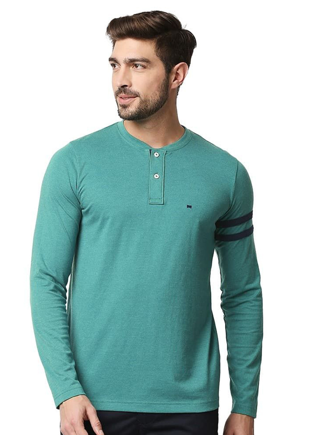 

Basics Men Solid Henley Neck Cotton T-shirt, Green