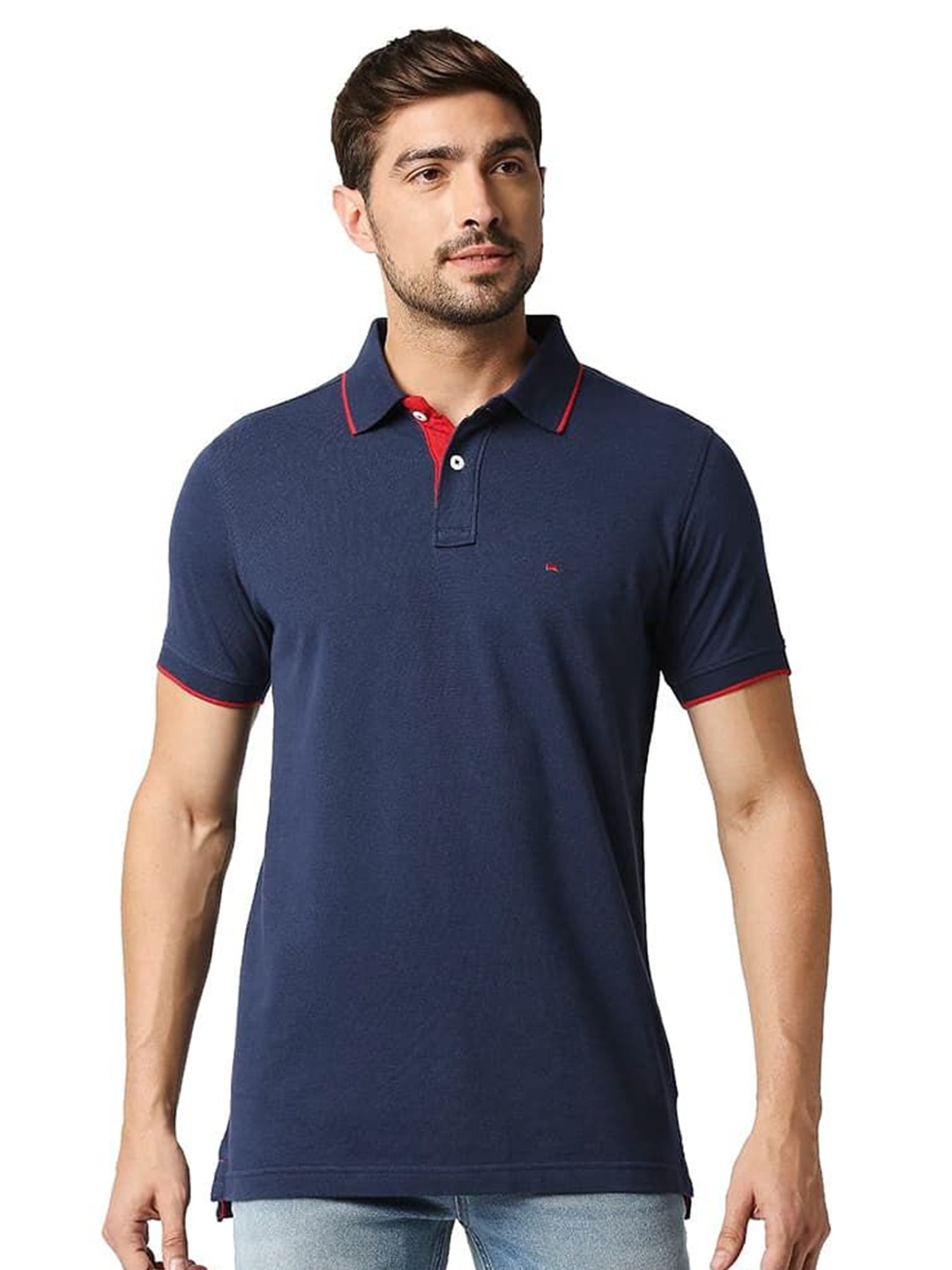 

Basics Men Solid Polo Collar Cotton T-shirt, Navy blue