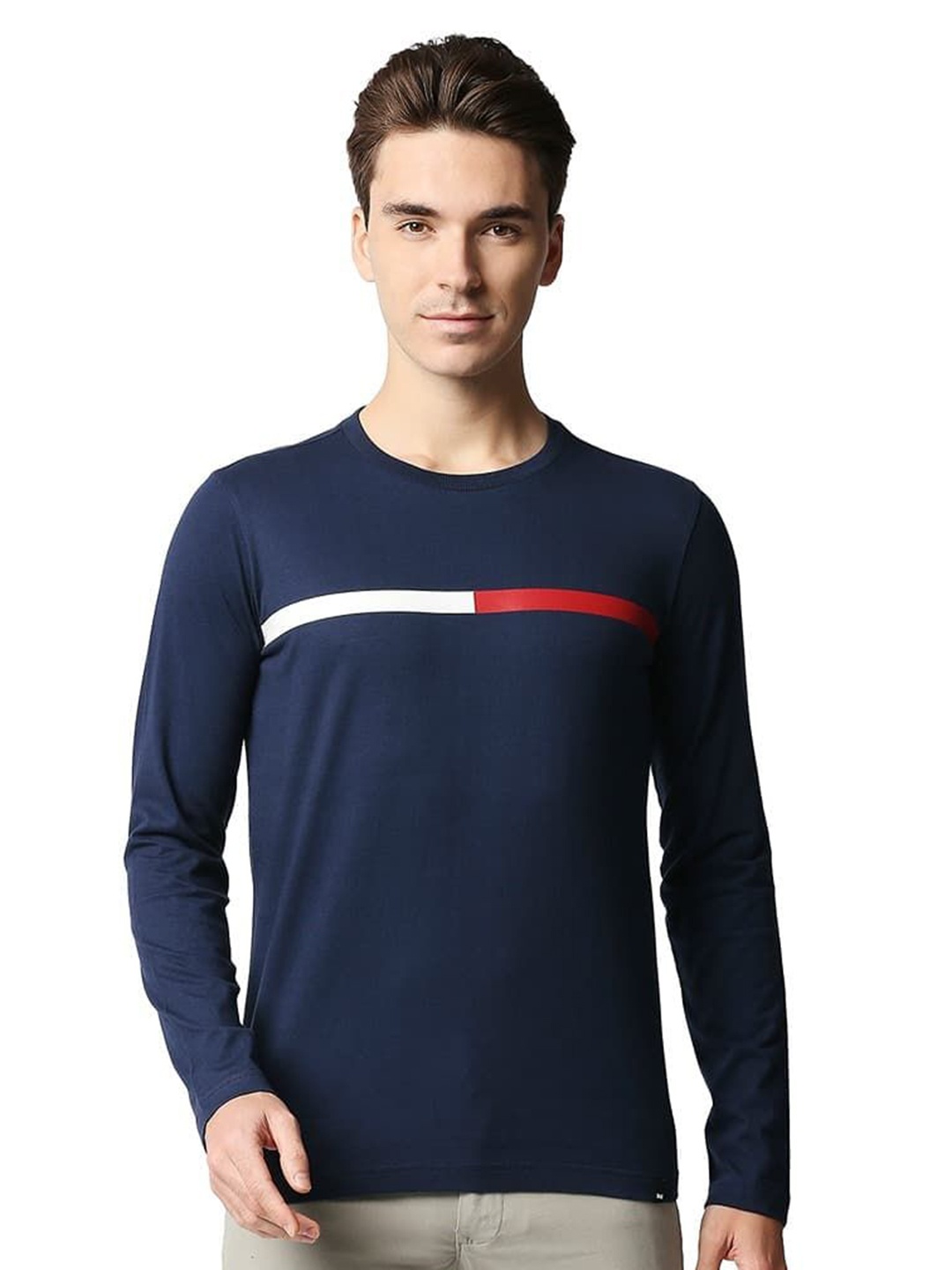 

Basics Men Striped Round Neck Cotton T-shirt, Navy blue