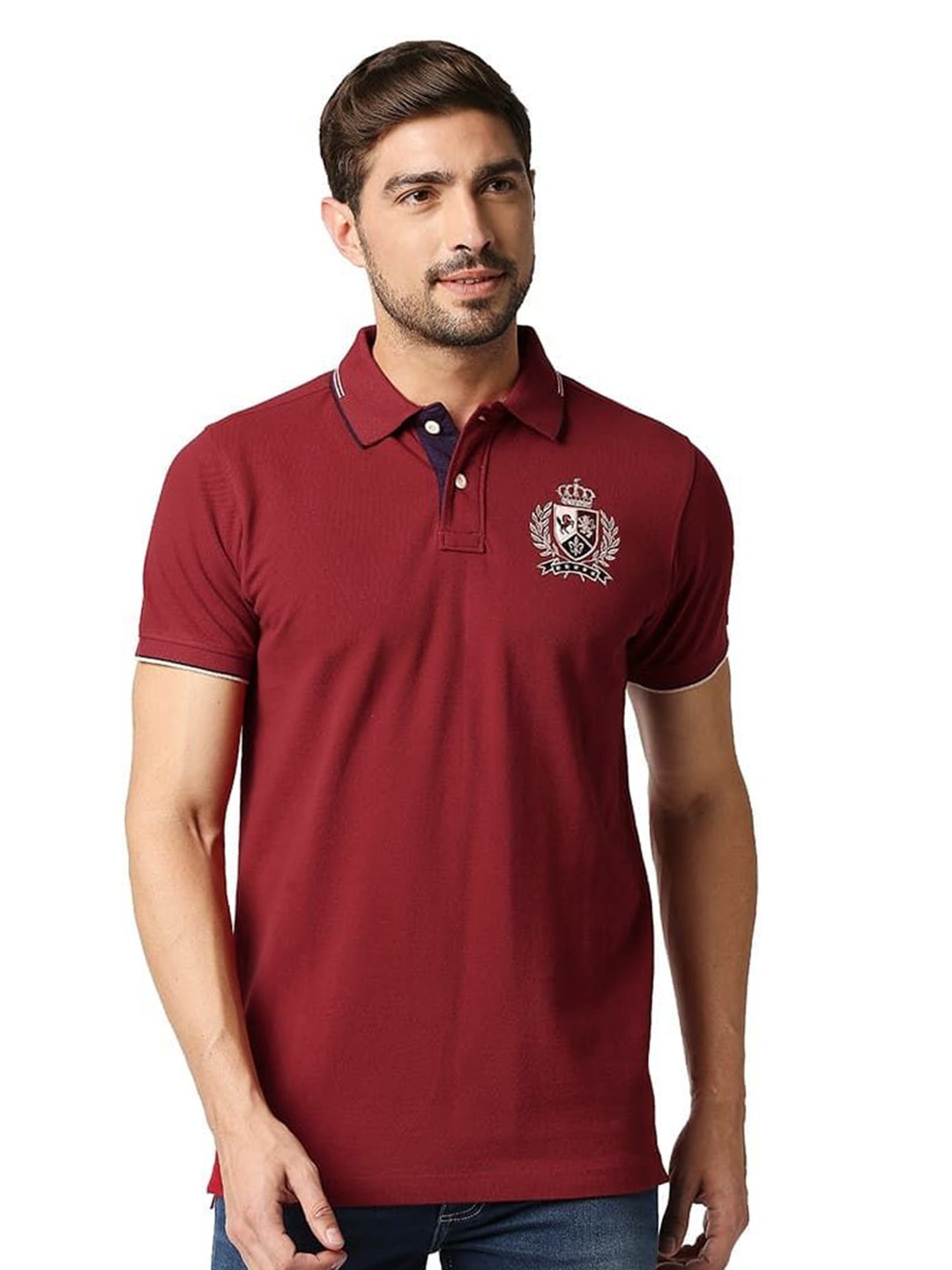 

Basics Men Solid Polo Collar Cotton T-shirt, Burgundy