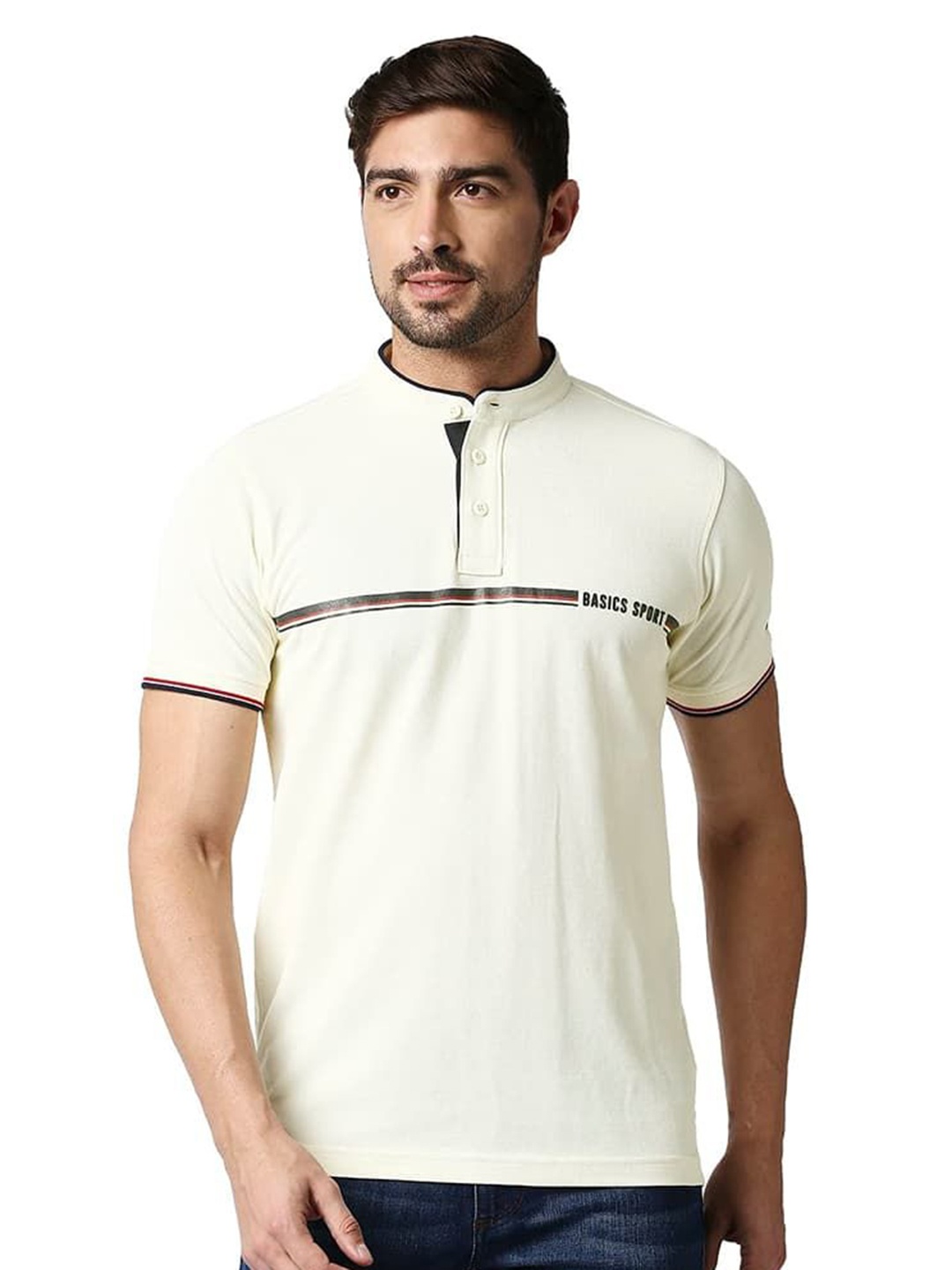 

Basics Men Striped Mandarin Collar Cotton T-shirt, Off white