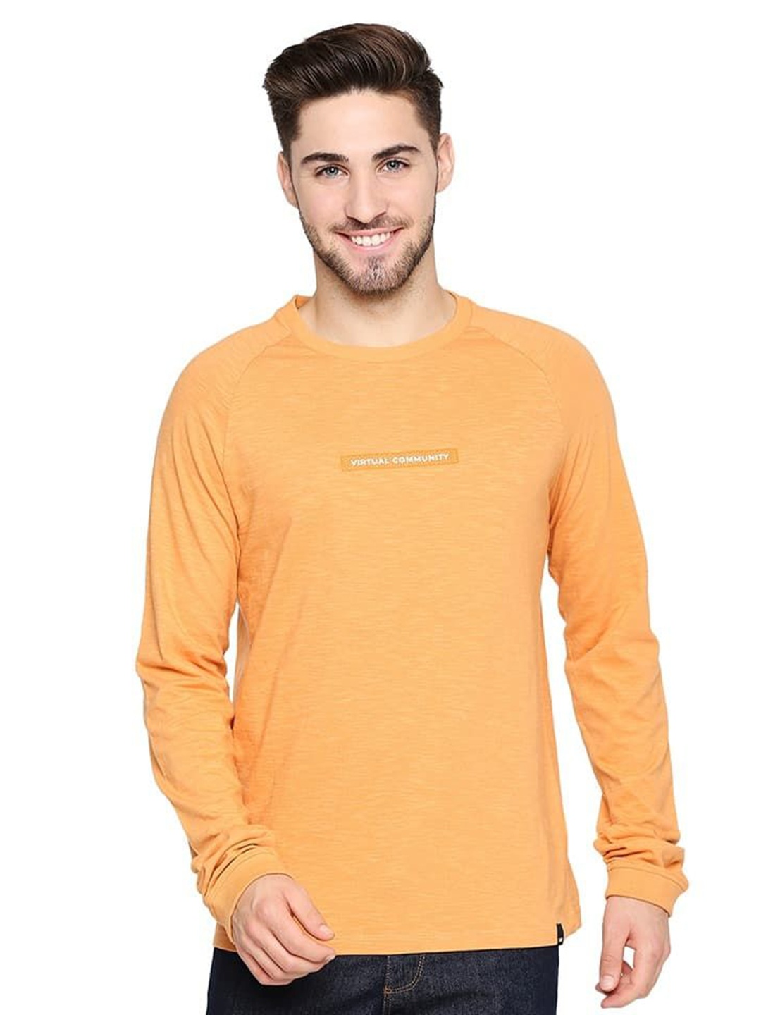 

Basics Men Typography Printed Round Neck Cotton T-shirt, Orange