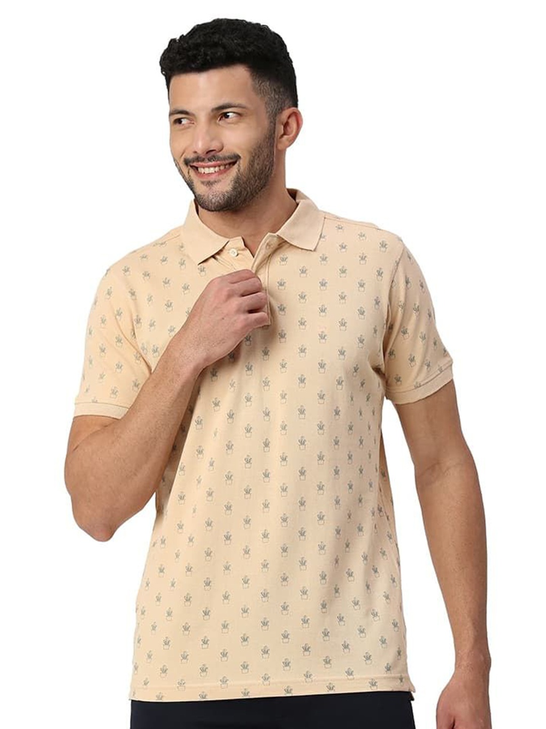 

Basics Men Conversational Printed Polo Collar Cotton T-shirt, Beige