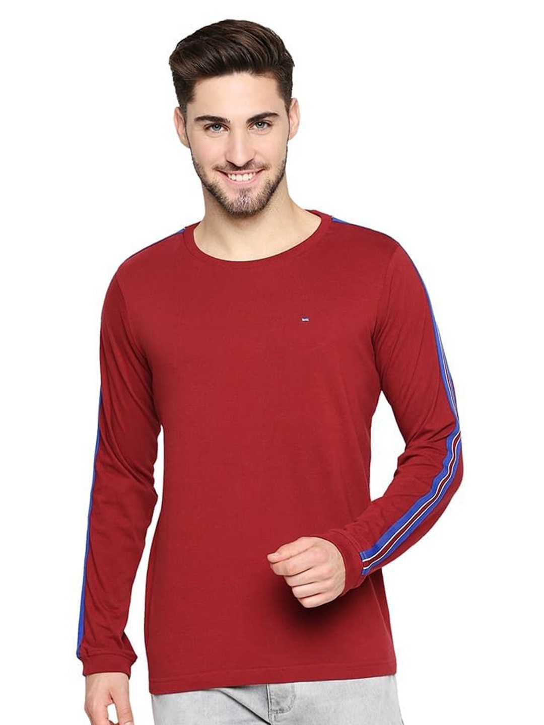 

Basics Men Striped Round Neck Cotton T-shirt, Burgundy