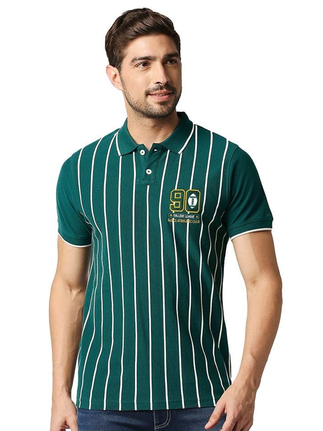 

Basics Men Striped Polo Collar Cotton T-shirt, Green