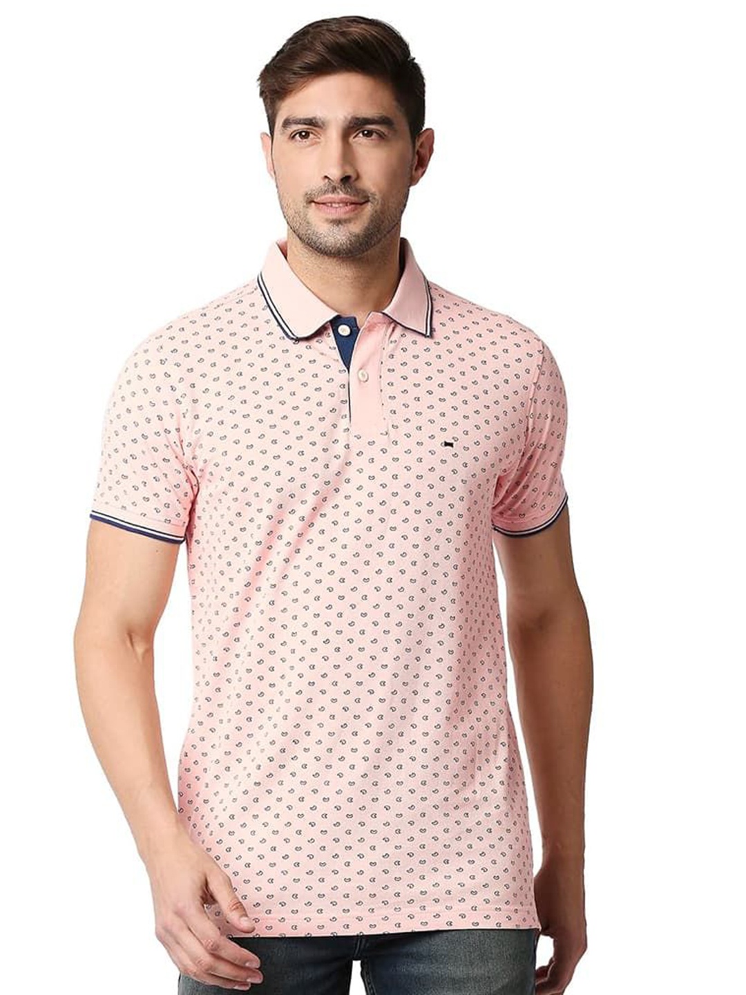 

Basics Men Conversational Printed Polo Collar Cotton T-shirt, Pink