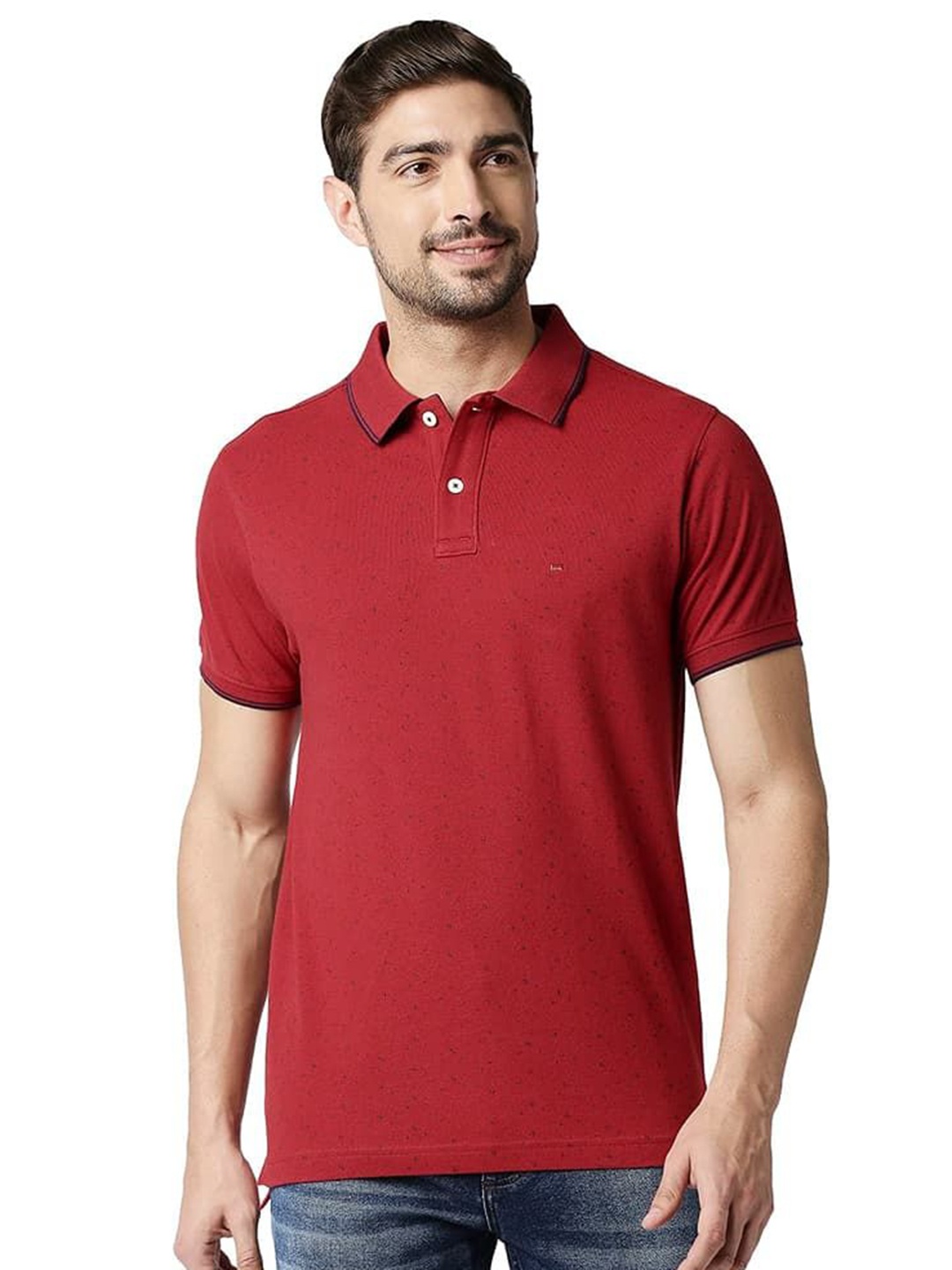 

Basics Men Abstract Printed Polo Collar Cotton T-shirt, Burgundy