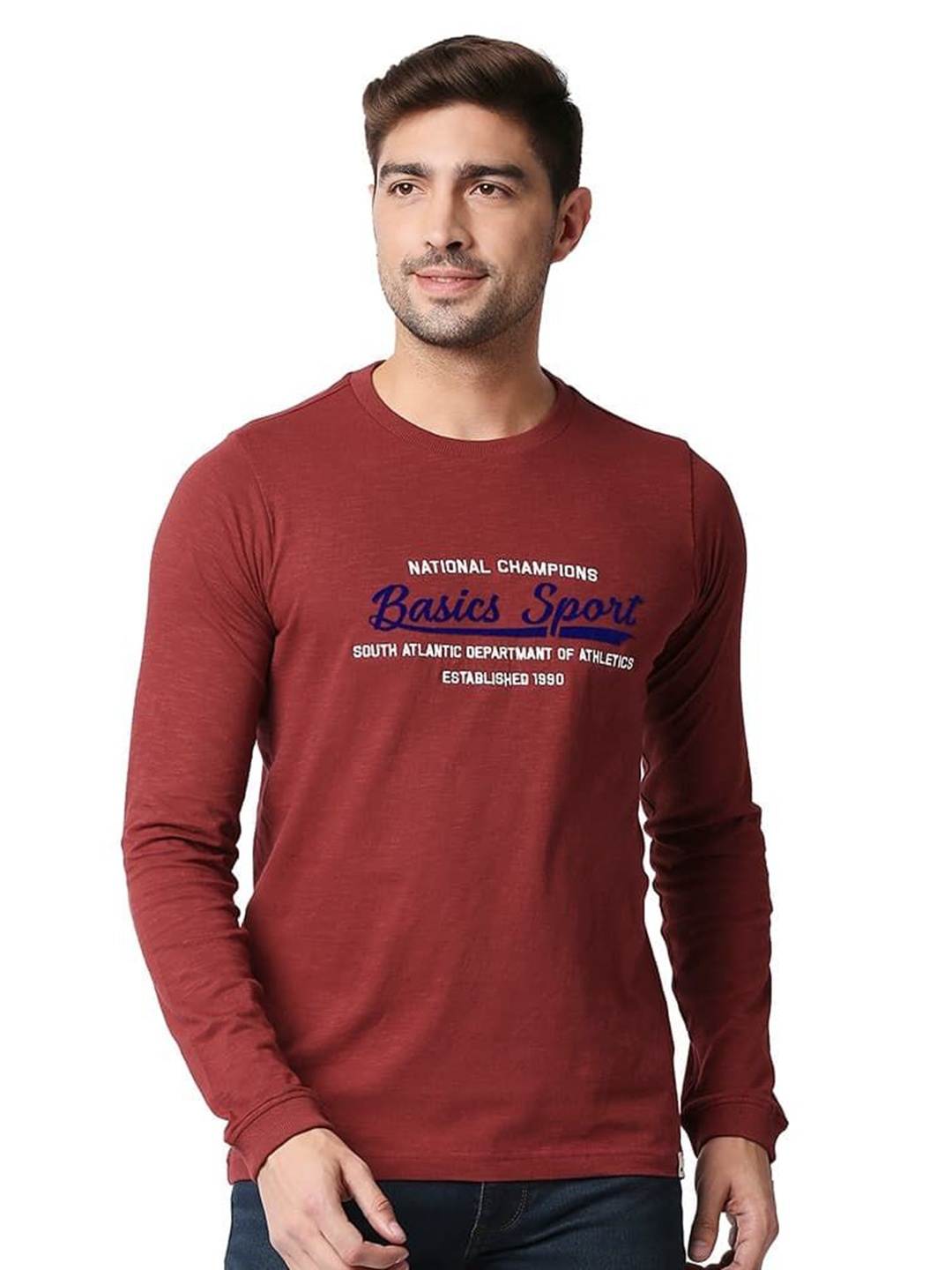 

Basics Men Typography Printed Round Neck Cotton T-shirt, Burgundy