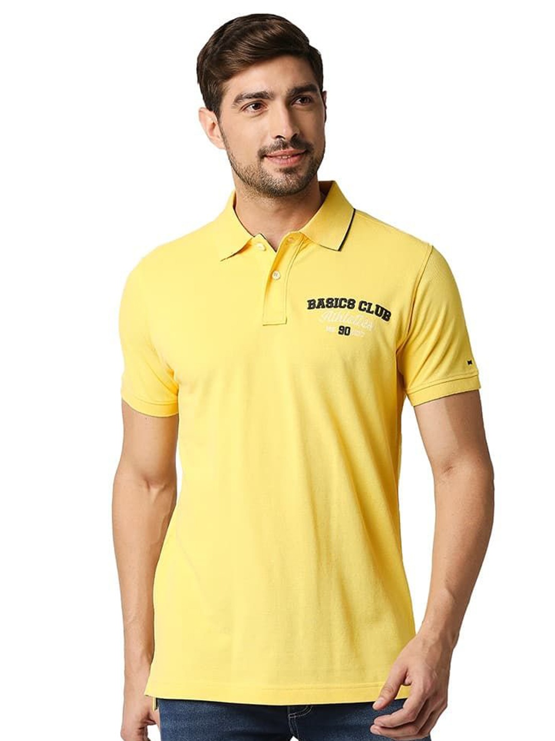 

Basics Men Typography Printed Polo Collar Cotton T-shirt, Yellow
