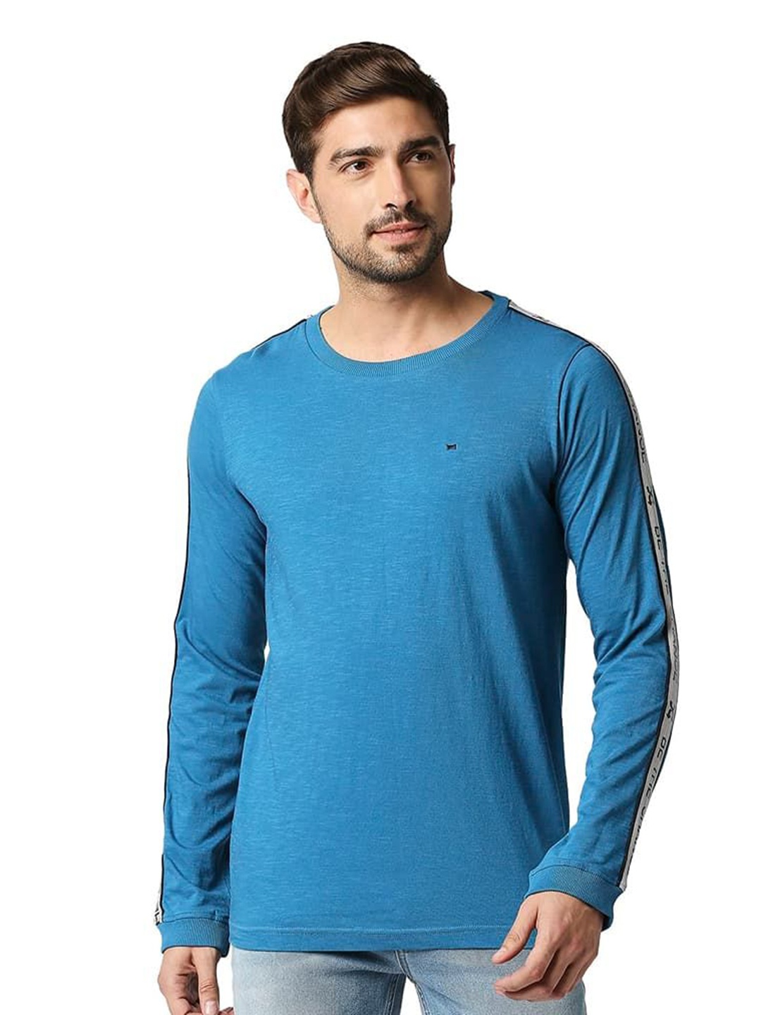 

Basics Men Striped Round Neck Cotton T-shirt, Blue