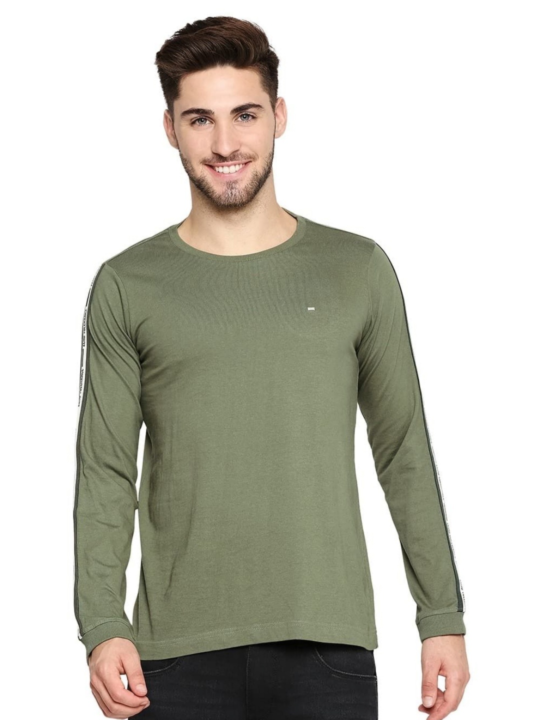 

Basics Men Striped Round Neck Cotton T-shirt, Olive