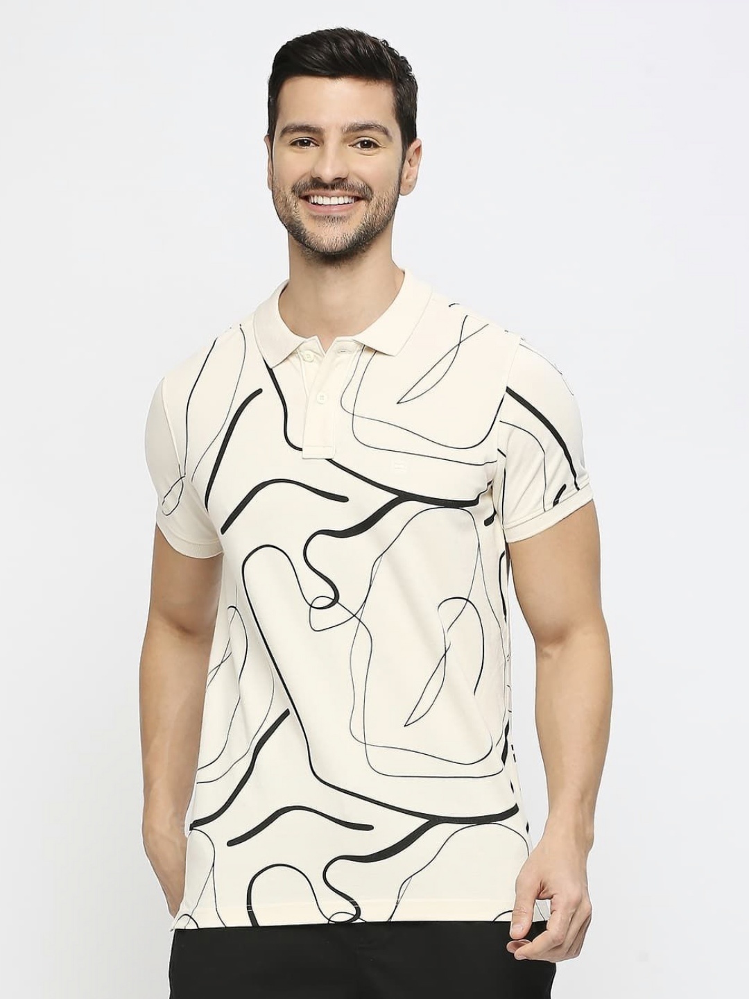 

Basics Men Abstract Printed Polo Collar Cotton T-shirt, Off white