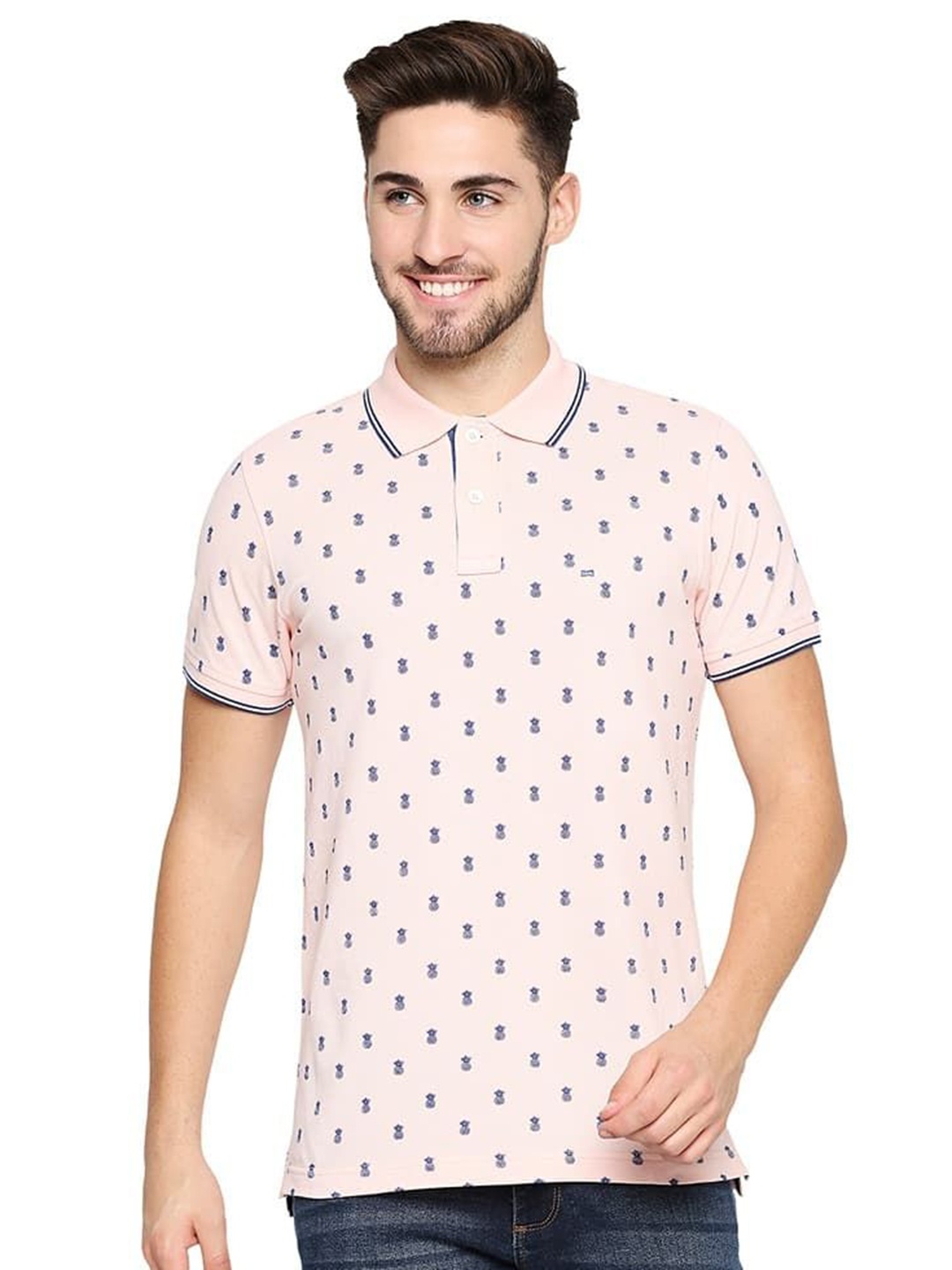 

Basics Men Conversational Printed Polo Collar Cotton T-shirt, Pink