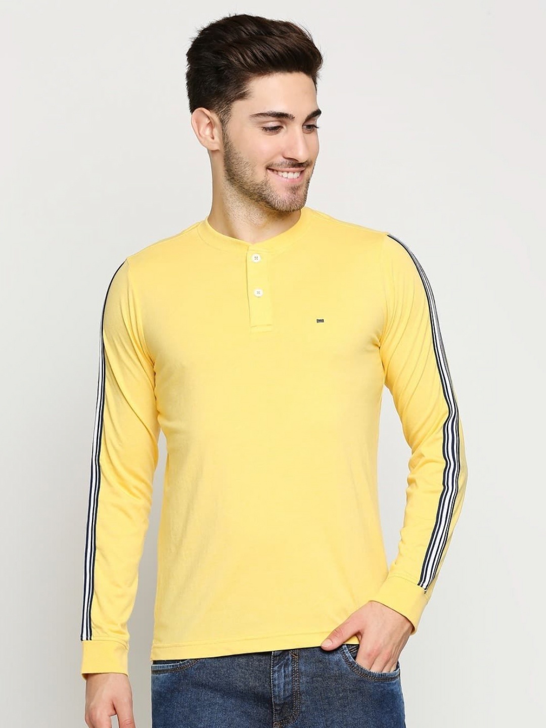 

Basics Men Striped Henley Neck Cotton T-shirt, Yellow