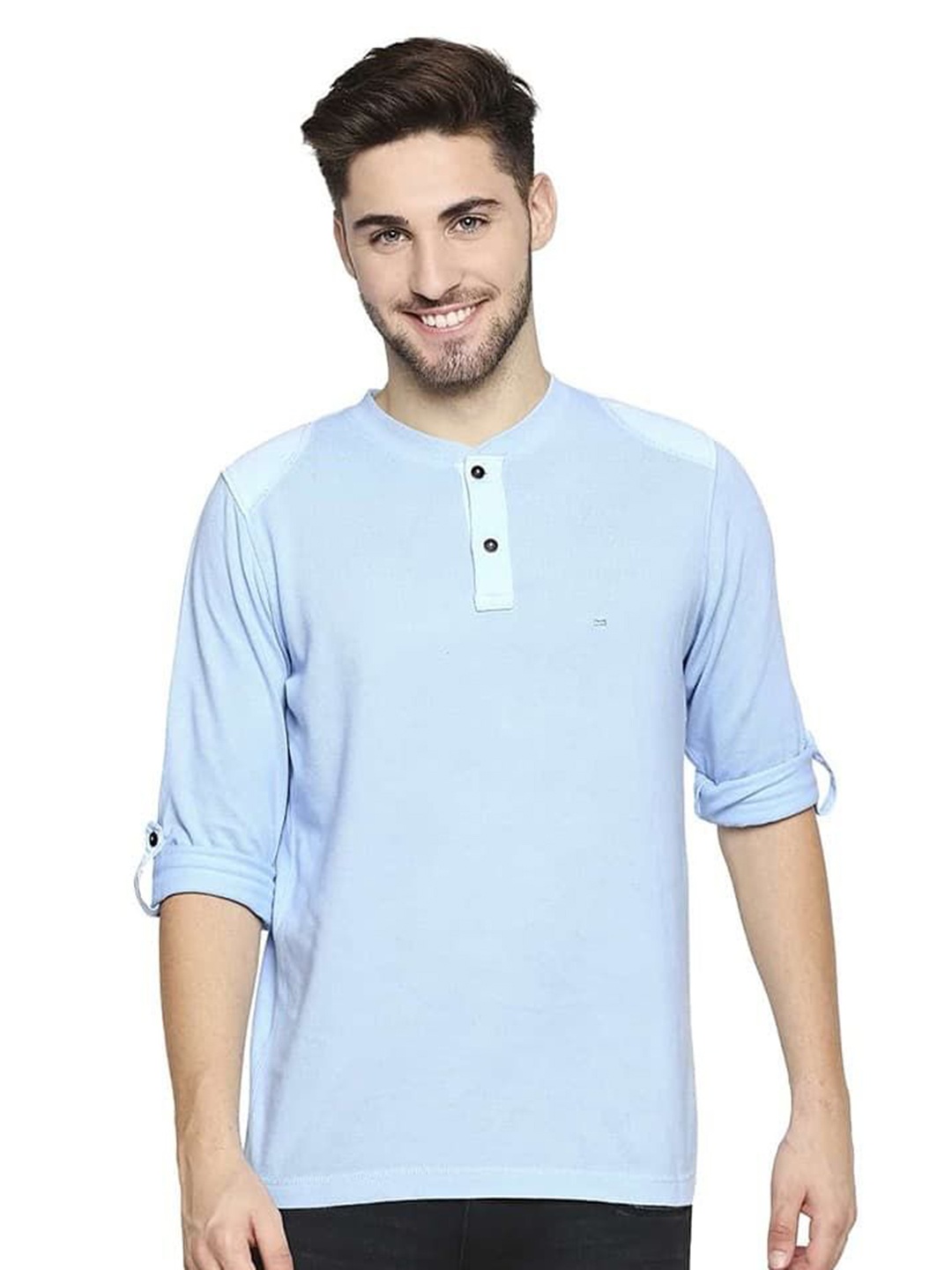 

Basics Men Solid Henley Neck Cotton T-shirt, Blue