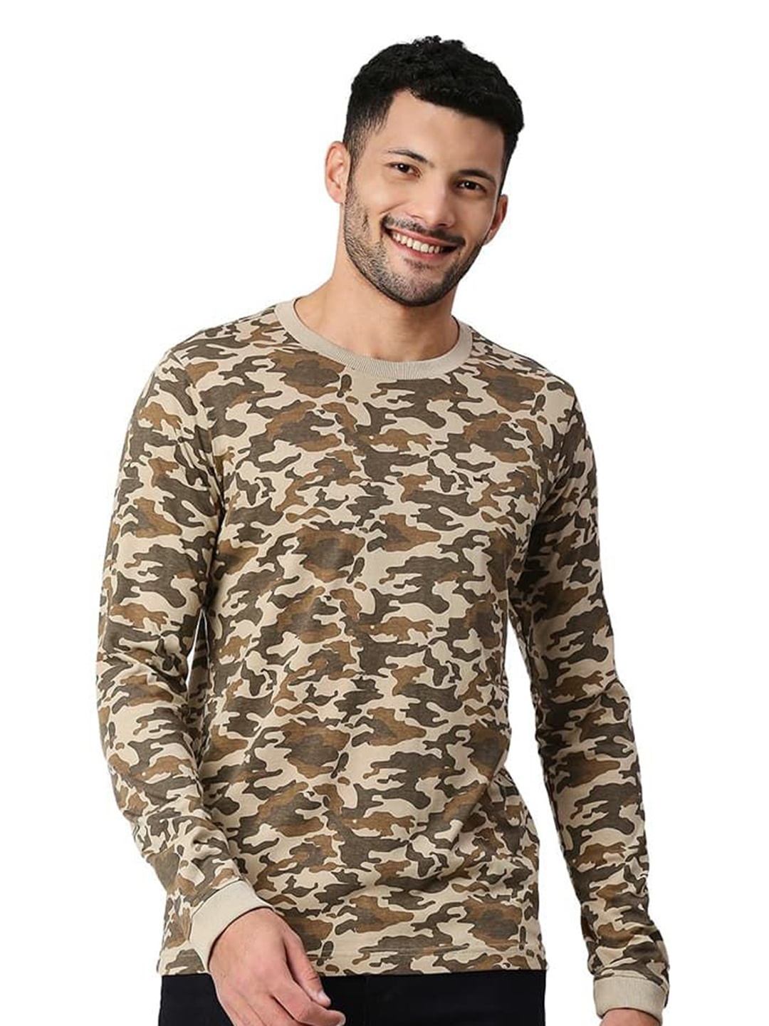 

Basics Men Camouflage Printed Round Neck Cotton T-shirt, Beige