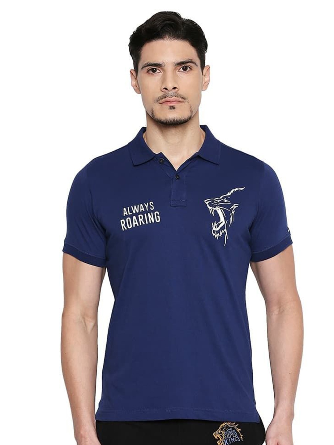 

Basics Men Typography Printed Polo Collar Cotton T-shirt, Navy blue