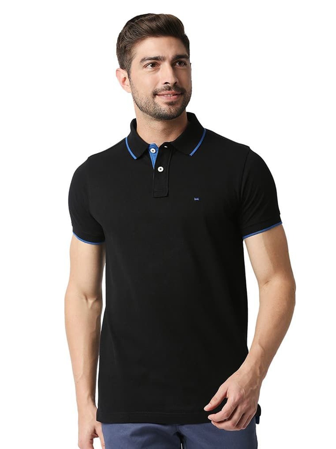 

Basics Men Solid Polo Collar Cotton T-shirt, Black