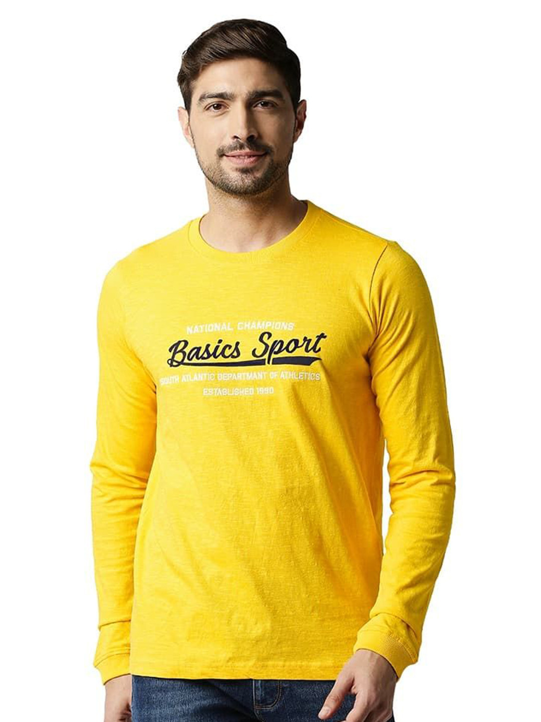 

Basics Men Typography Printed Round Neck Cotton T-shirt, Yellow